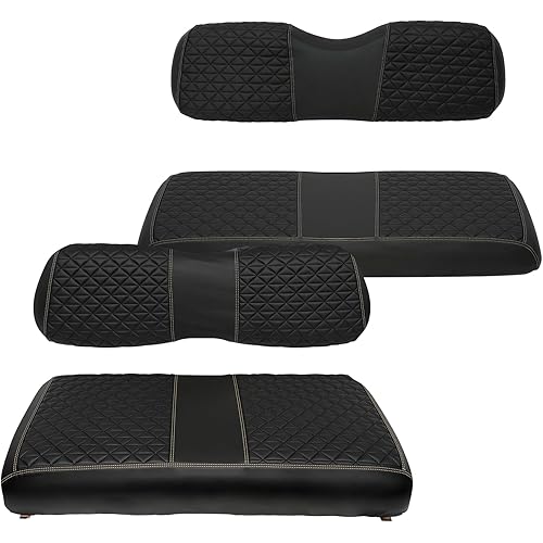 XUANYUDG0769 Golf Cart Front and Rear Seat Covers for EZGO TXT/RXV Club Car DS/Precedent Yamaha G29, Vinyl Leather Made/Adjustable Straps and Retractable Buckle/No Stapler Required,4PCS