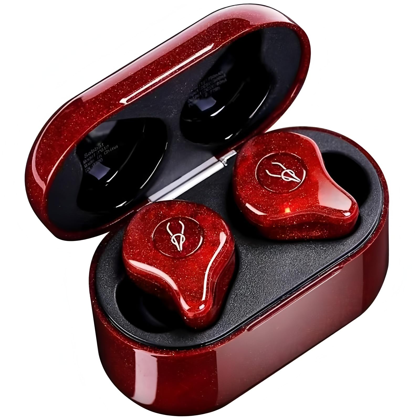 neon red wireless earbuds with bluetooth 5.2 and noise canceling mic