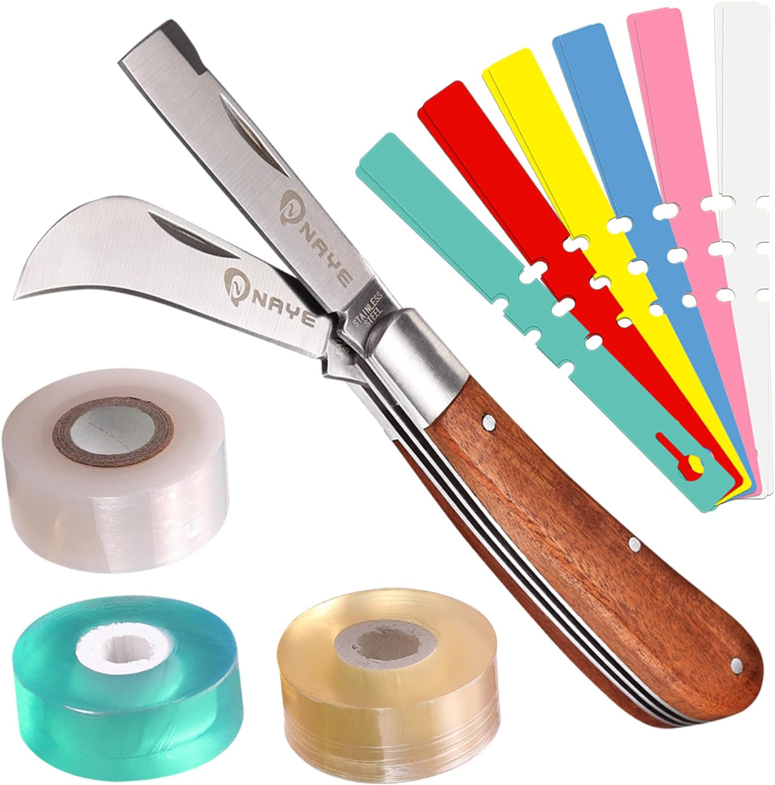 NAYE Grafting Gardening Knife,2-5/8" Curved Straight Blades Garden Knife for Budding Pruning,with Grafting Tape Plant Labels/Tree Tags