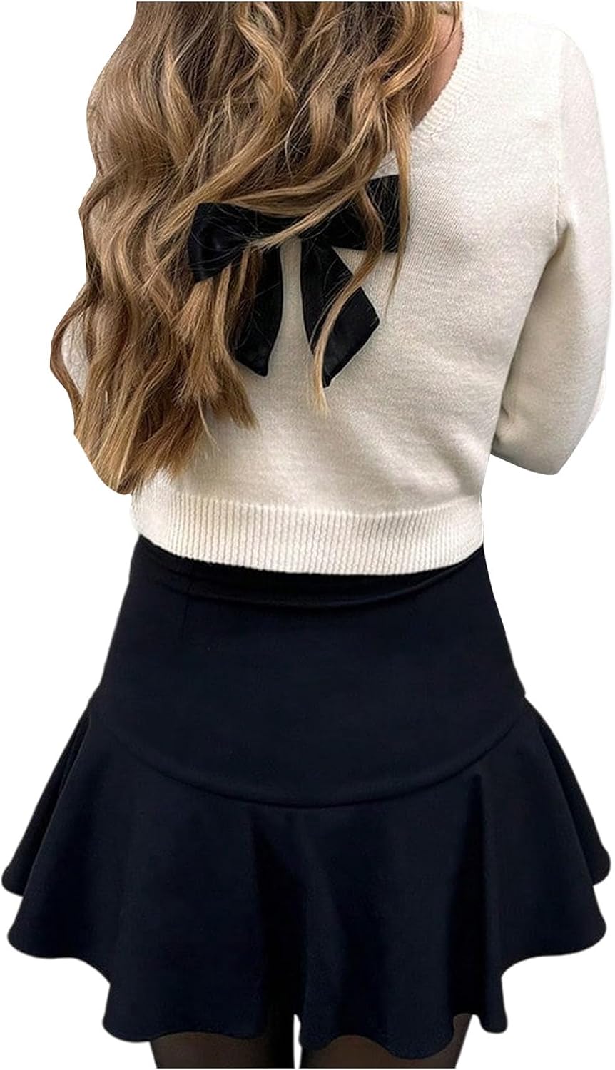 Verdusa Women's Coquette Bow Sweater Streetwear Y2k Crewneck Pullover Lightweight Knit Sweaters Tops
