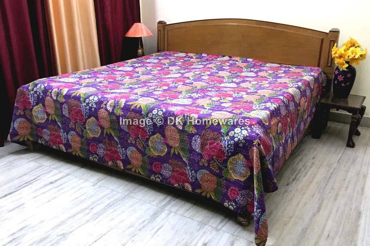 Indian Traditional Purple Queen Size Kanta Quilt Cristmas Gift Cotton Kantha Work Tropical Fruit Printed Hand Crafted (108 x 90) -Set of 1 Blanket Bedspread
