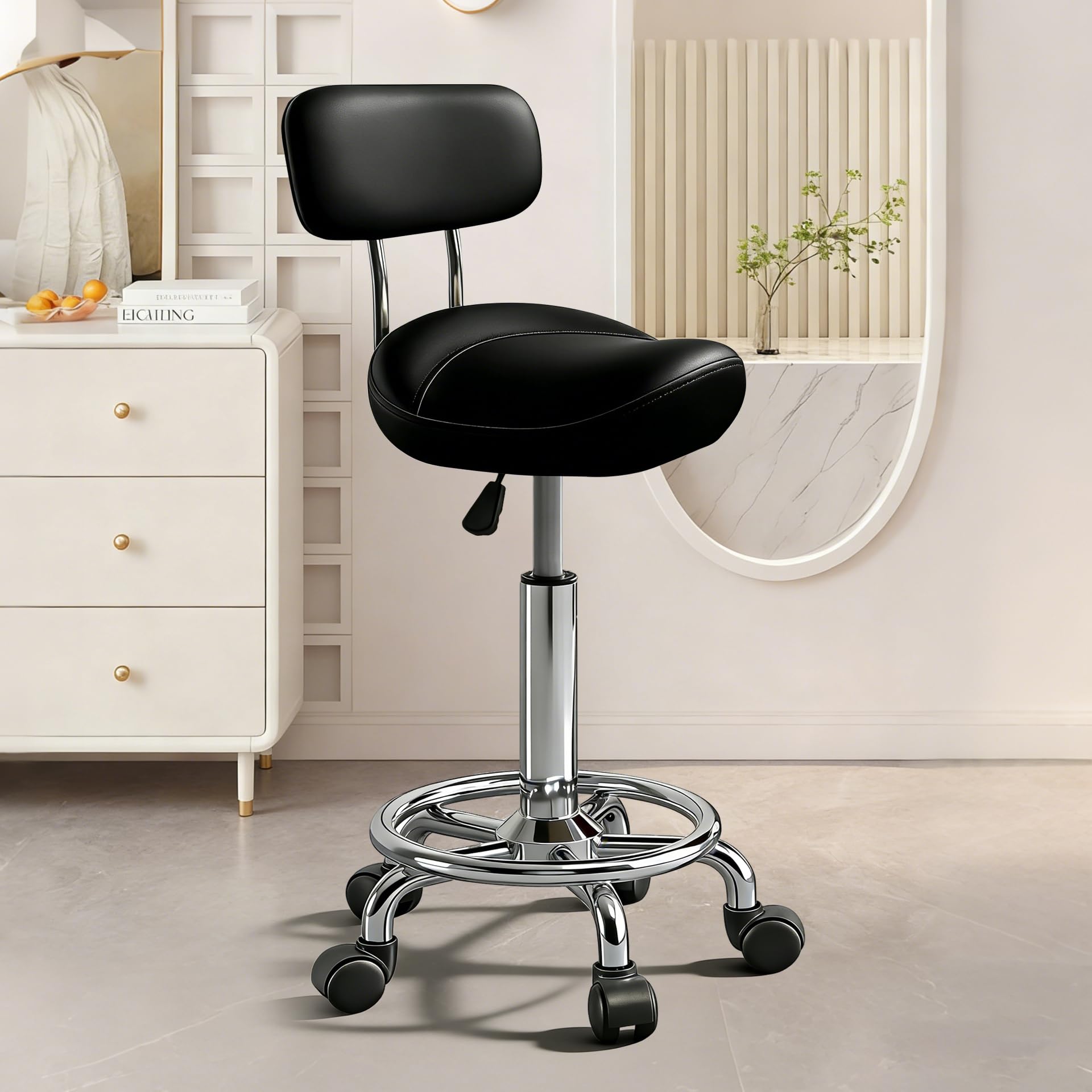 Saddle Stool with Ring Pedal and Back, Adjustable Hydraulic Rolling Chair with Wheels for Medical, Massage, Salon, Spa, Kitchen, and Drafting Use
