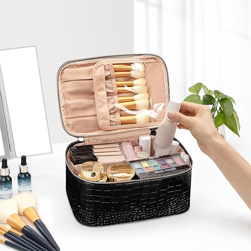 Miniatura 6 de OCHEAL Bolsa de maquillaje, bolsa de cosméticos portátil, organizador de maquillaje de viaje de gran capacidad, bolsas de maquillaje negras para