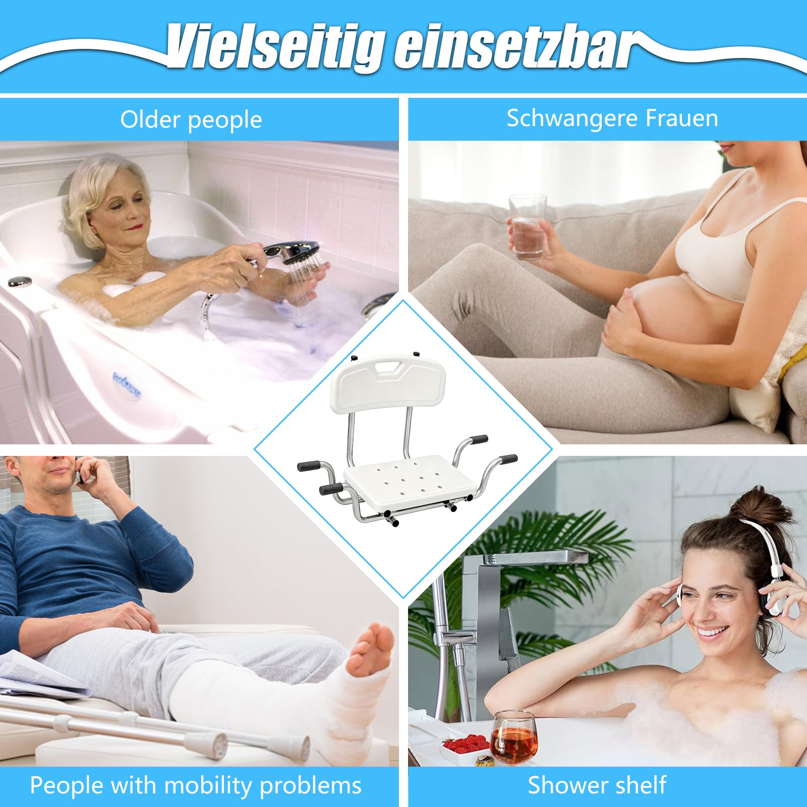 Asiento de bañera con Respaldo, Asiento de Ducha Banco de Ducha para bañera, Tablas de bañera Extensibles de 72-82cm, Extensible Blanco, Capacidad de Carga 136 kg Asiento de bañera (B)