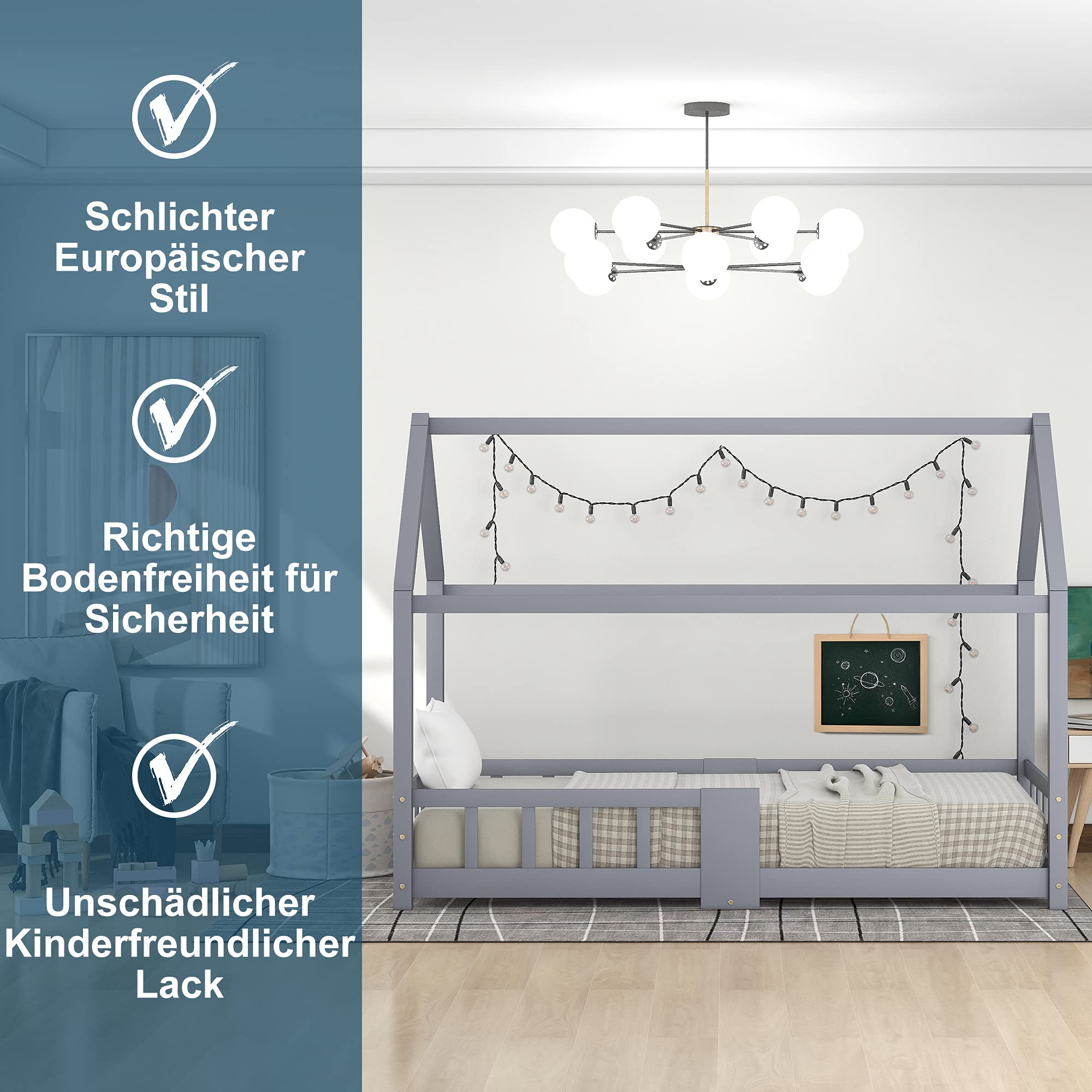 Lit Cabane Enfants 90x200, Lit Maison en Bois Massif avec Barrière Anti-Chute pour Chambre Enfant, Sommier Intégré, Gris,sans Matelas
