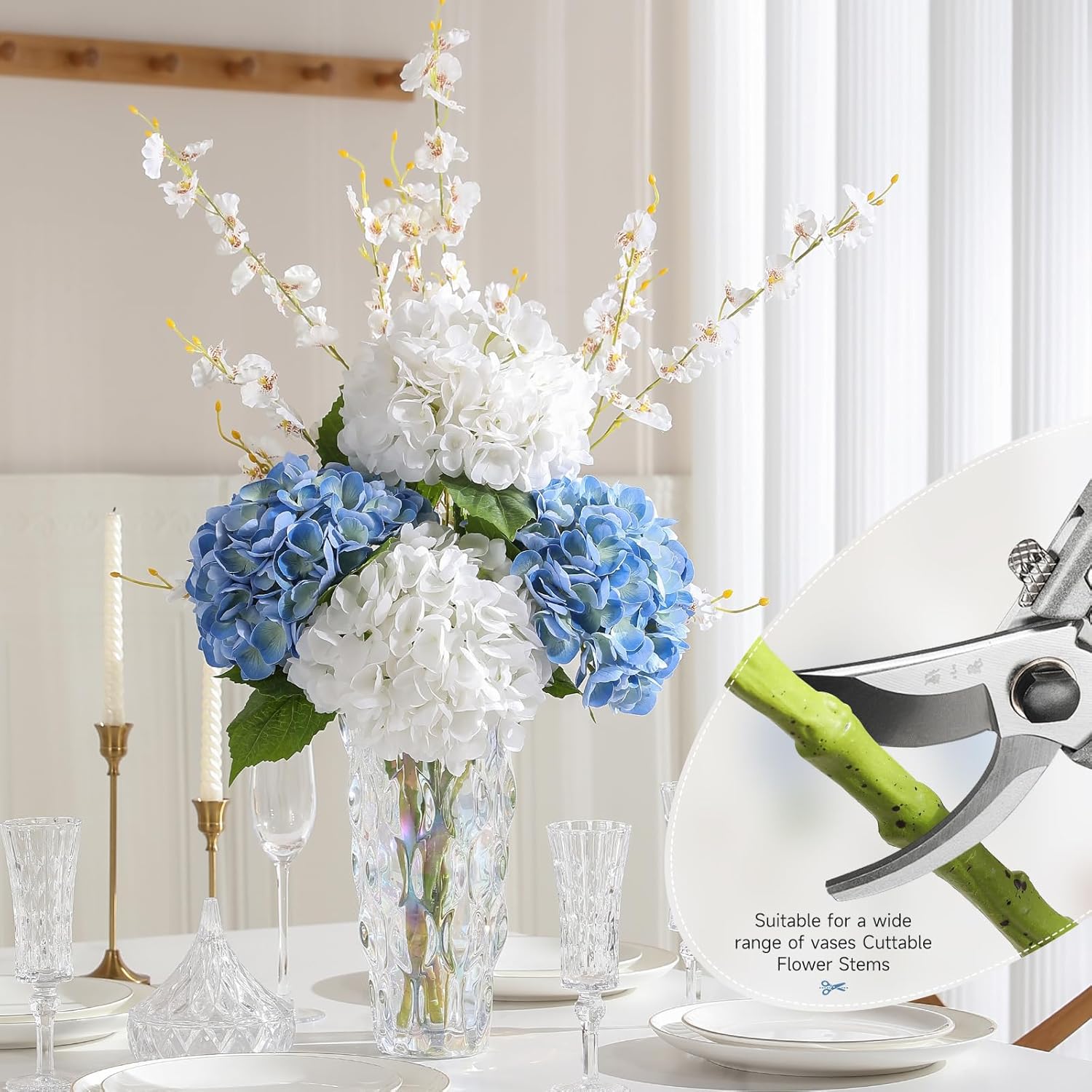 3Pcs Hydrangea Artificial Flowers, 22.44" Real Touch Latex Faux Hydrangea with Long Stems & Leaves for Home Office Decor or Wedding, Party, Centerpieces, Floral Arrangements (Blue) - Image 8