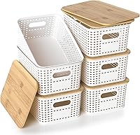 Vista 1 de Plastic Storage Baskets with Bamboo Lids, Stackable Small Box Bins for Organizing and Containers for Shelves Drawers Desktop Closet Pantry Classroom