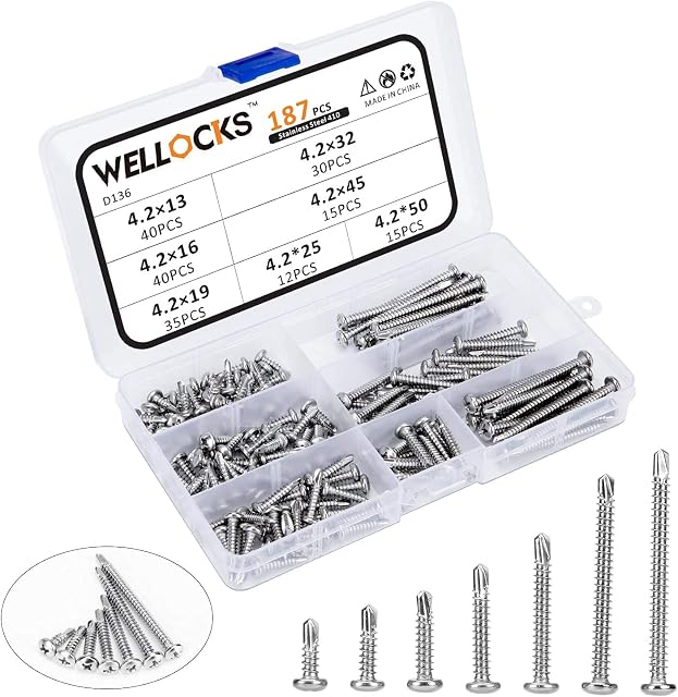 WELLOCKS Self Drilling Screws M4.2 Pan Head 13-50mm Length Stainless Strong Tek Screws Self Driller Assortment Kit Set with Storage Box for Attaches Sheet Metal Steel 187 Pcs (D136)
