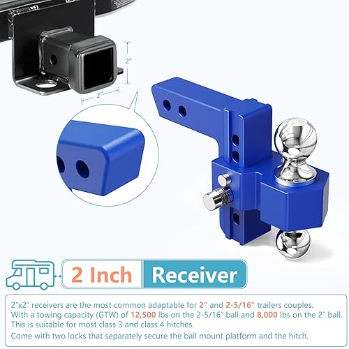 Miniatura 5 de NenNicht Enganche de remolque ajustable, enganche de aluminio para receptor de 2 pulgadas, 12,500 libras GTW, bolas de remolque de acero cromado de