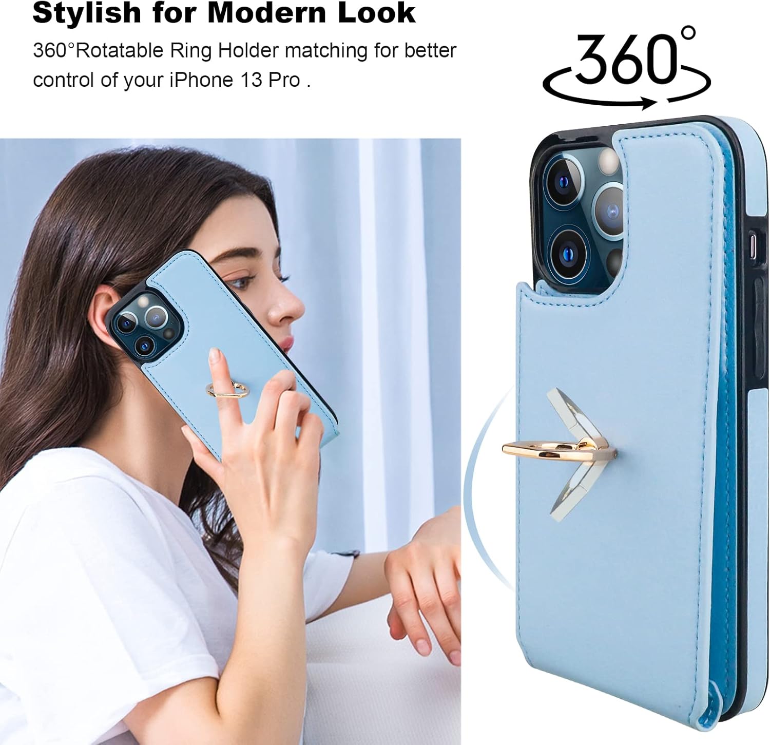 Folosu Compatible with iPhone 13 Pro Case Wallet with Card Holder, 360°Rotation Finger Ring Holder Kickstand Protective RFID Blocking PU Leather Double Buttons Flip Shockproof Cover 6.1 Inch Blue