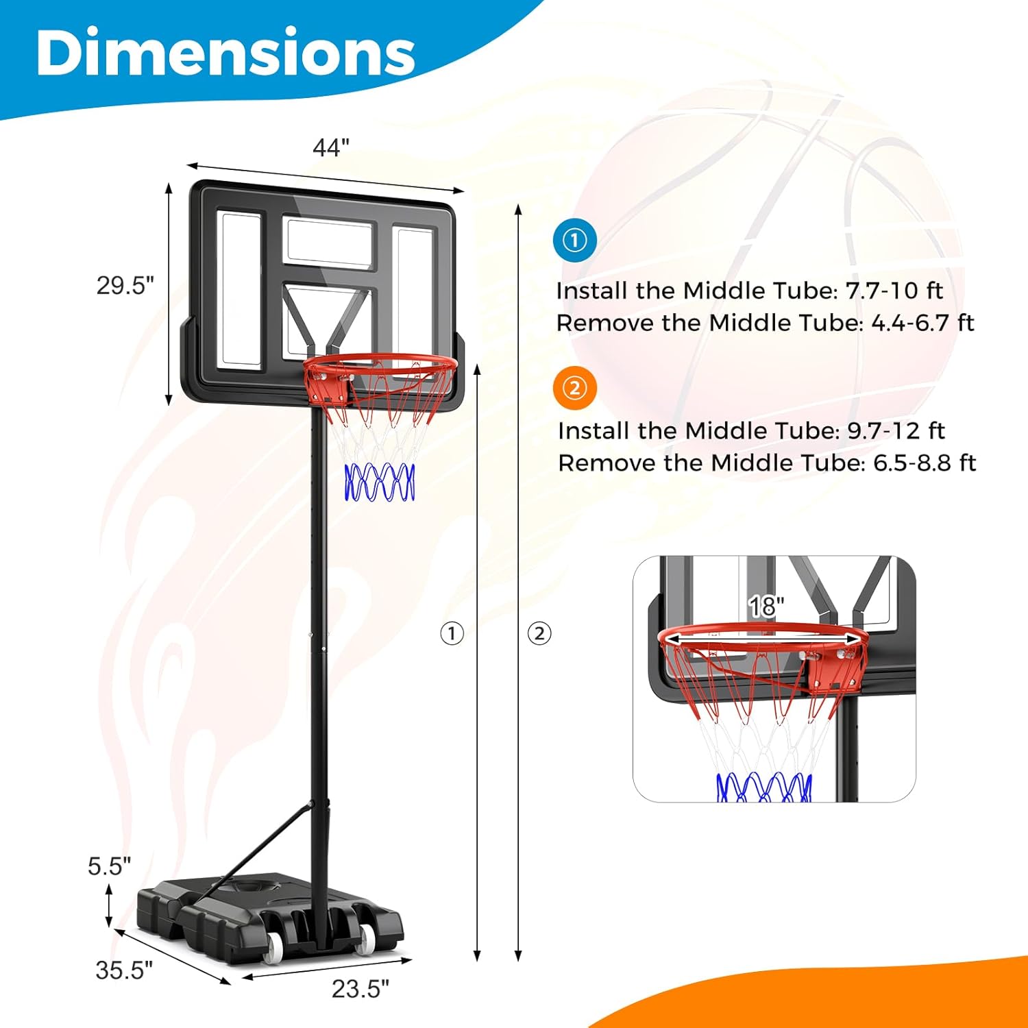 Goplus Portable Basketball Hoop, 10FT Height Adjustable Basketball Goal w/44‘’ Shatterproof Backboard, Outdoor Basketball Stand for Adults Backyard Driveway