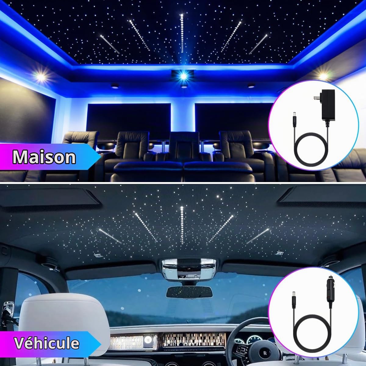 16W RGBW Starry Sky Meteor Fibre Optique Lumineuse pour Voiture/Plafond, 600pcs 0.03in 9.8ft Câble, LED Fibre Optique Star Plafonniers avec Shooting Star Light, App/Télécommande