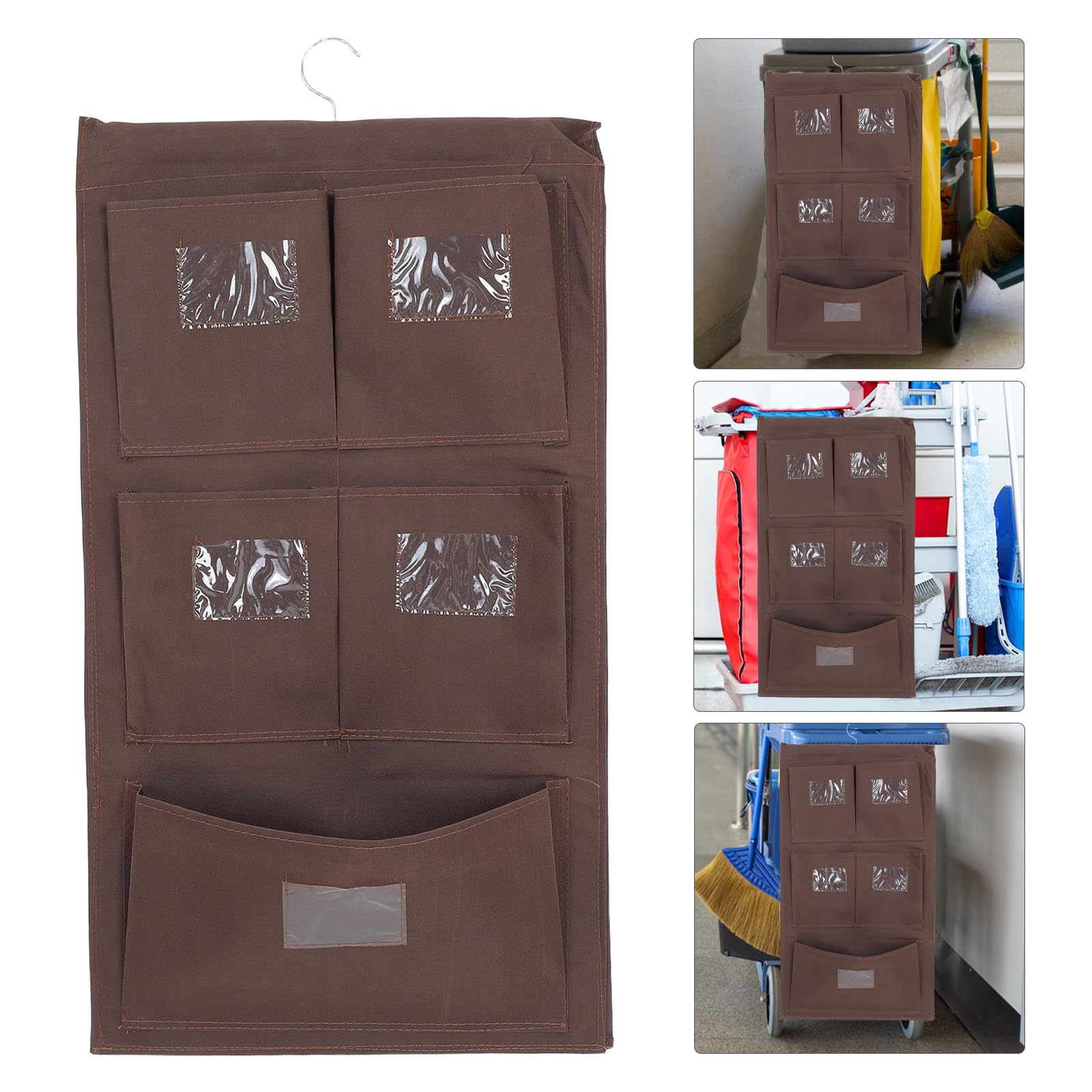 Borsa Organizer per Pulizia a 7 Scomparti, Doppio Lato | Tessuto Oxford Marrone Caffè, per Hotel e Camere, Struttura con Asta in Legno e Gancio Metallico