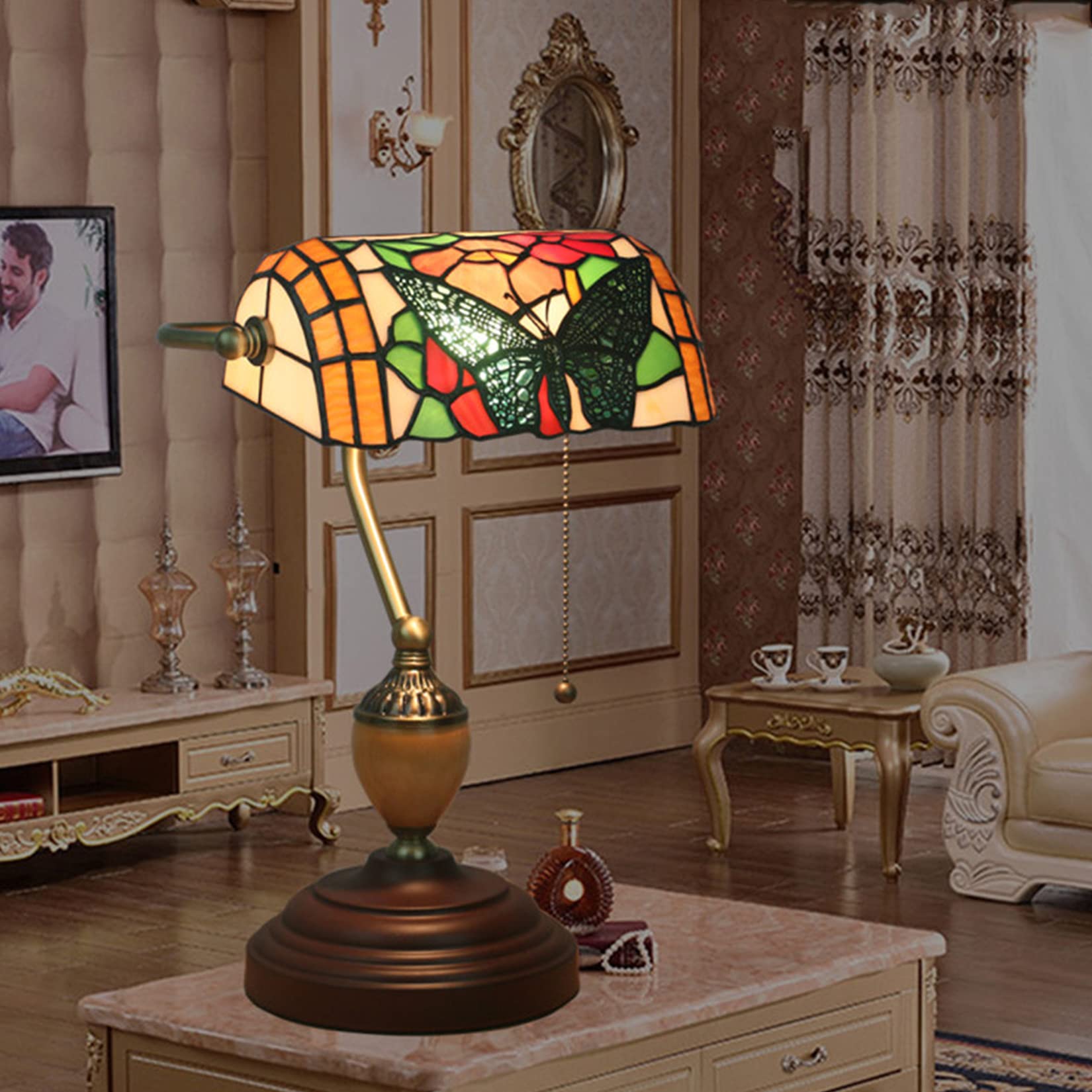 Lampe de Table de banquier Vintage, Lampe de Bureau/Piano, Base en Alliage Antique, veilleuse pour Chambre ou Salon, vitrail (Couleur : Vert) (Papillon A)