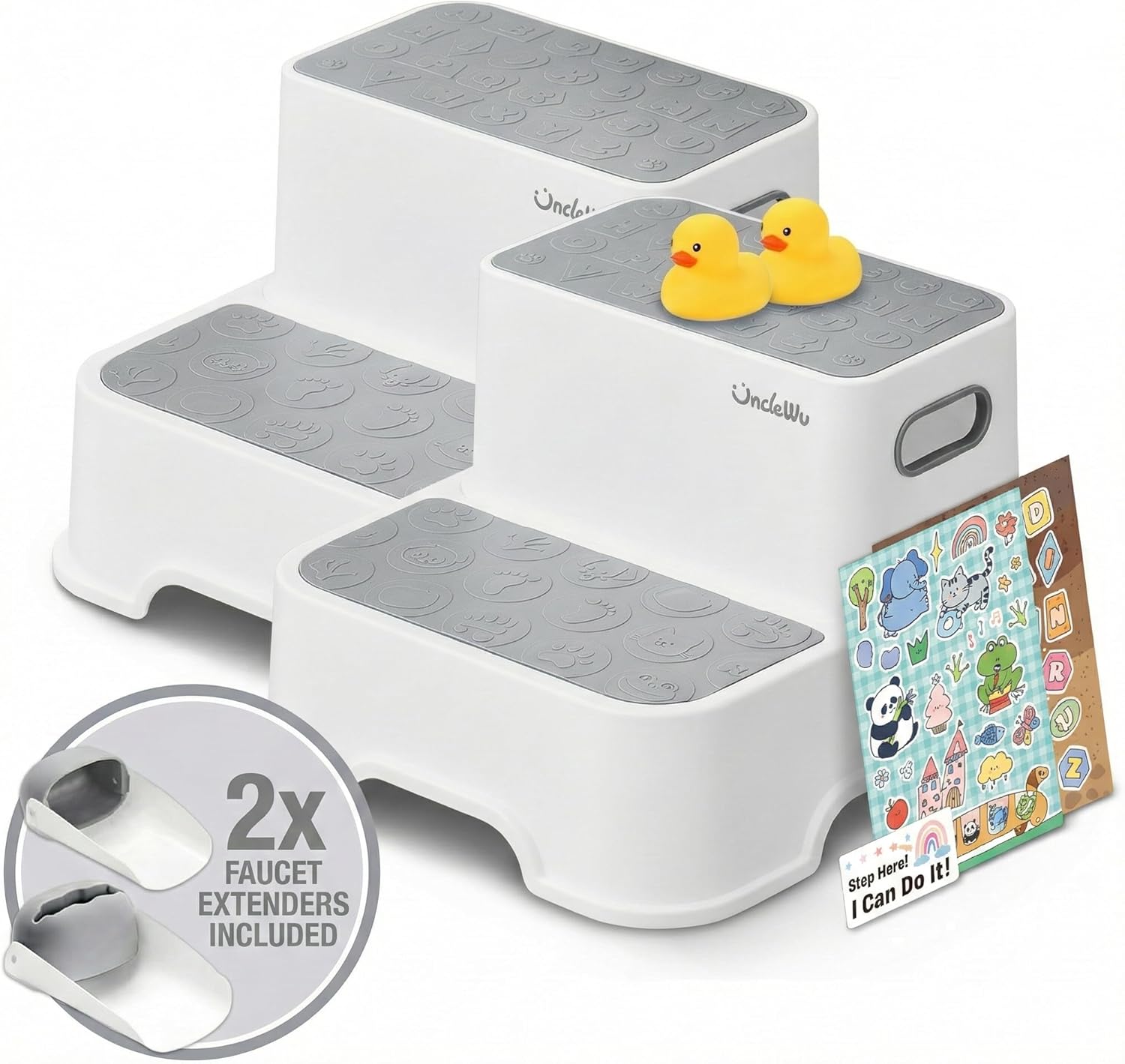 UNCLE WU 2 Pack Toddler Step Stool Gift Set with Bonus Toy Ducks, Stickers & Faucet Extenders -Non-Slip Potty Training Stool (Supports 200 lbs) - 9.25" Height for Bathroom Sink (Grey)