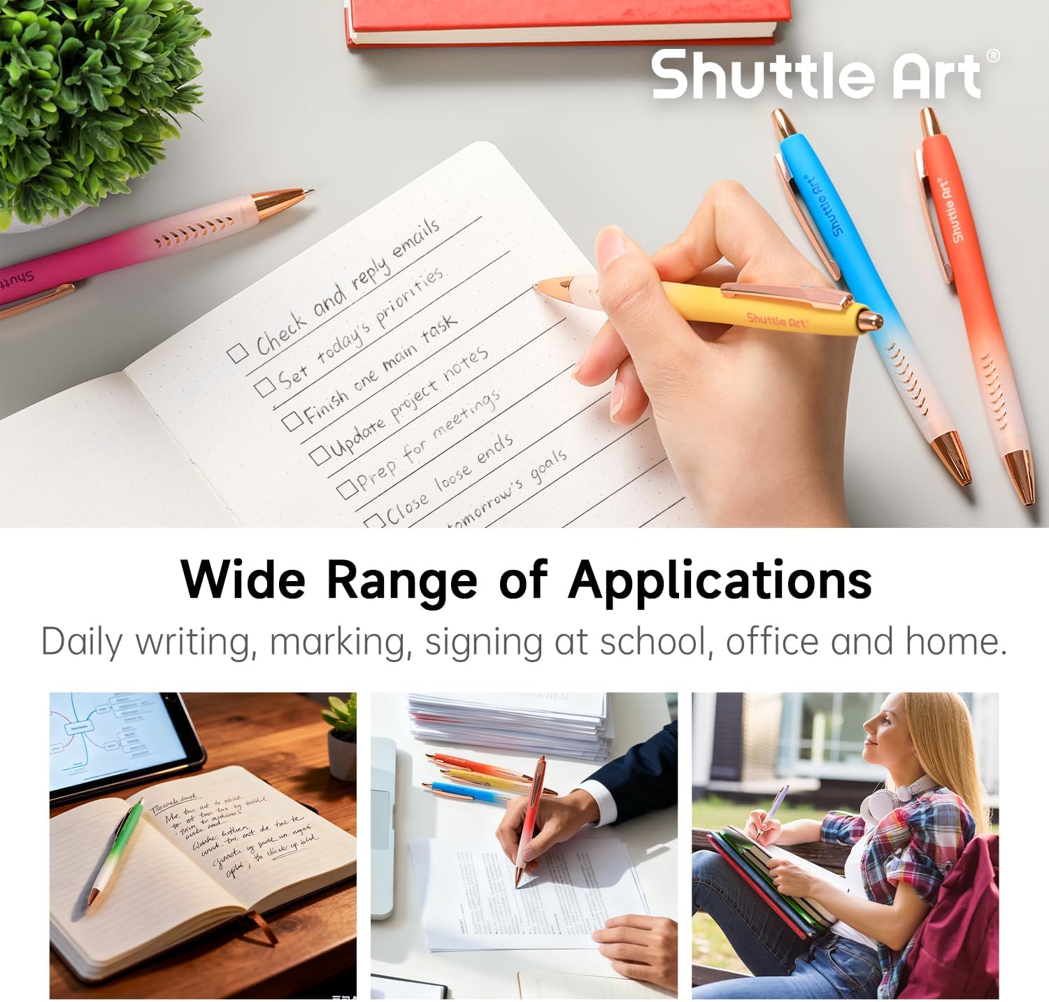 Shuttle Art Fancy Pens Gift Set, 12 Pack Colored Retractable Black Ink Ballpoint Pens, Cute Pens 1.0mm Medium Point Waterproof Elegant Gift Set for Writing Journaling Note Taking School Office Home