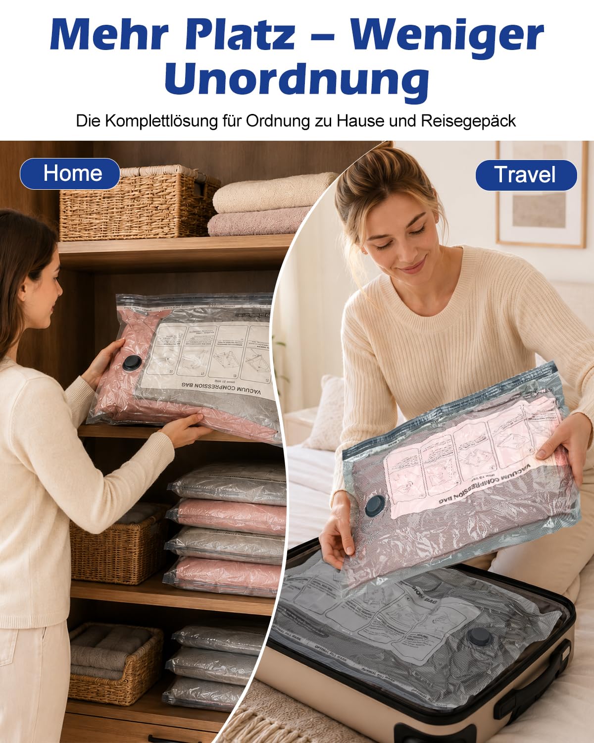 Fantictas Vakuumbeutel mit Pumpe, 12er Set für Kleidung und Reisen | Für Reise, Kleiderschrank und Bettwäsche, 3 Größen, doppelt versiegelt, wiederverwendbar, schützt vor Staub und Nässe