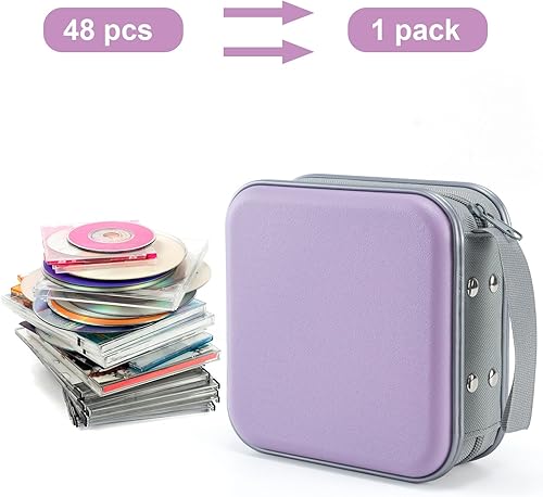 Miniatura 16 de Funda para DVD/CD, soporte portátil de capacidad para 48 - Organizador de cartera de almacenamiento de plástico duro para automóvil (morado)
