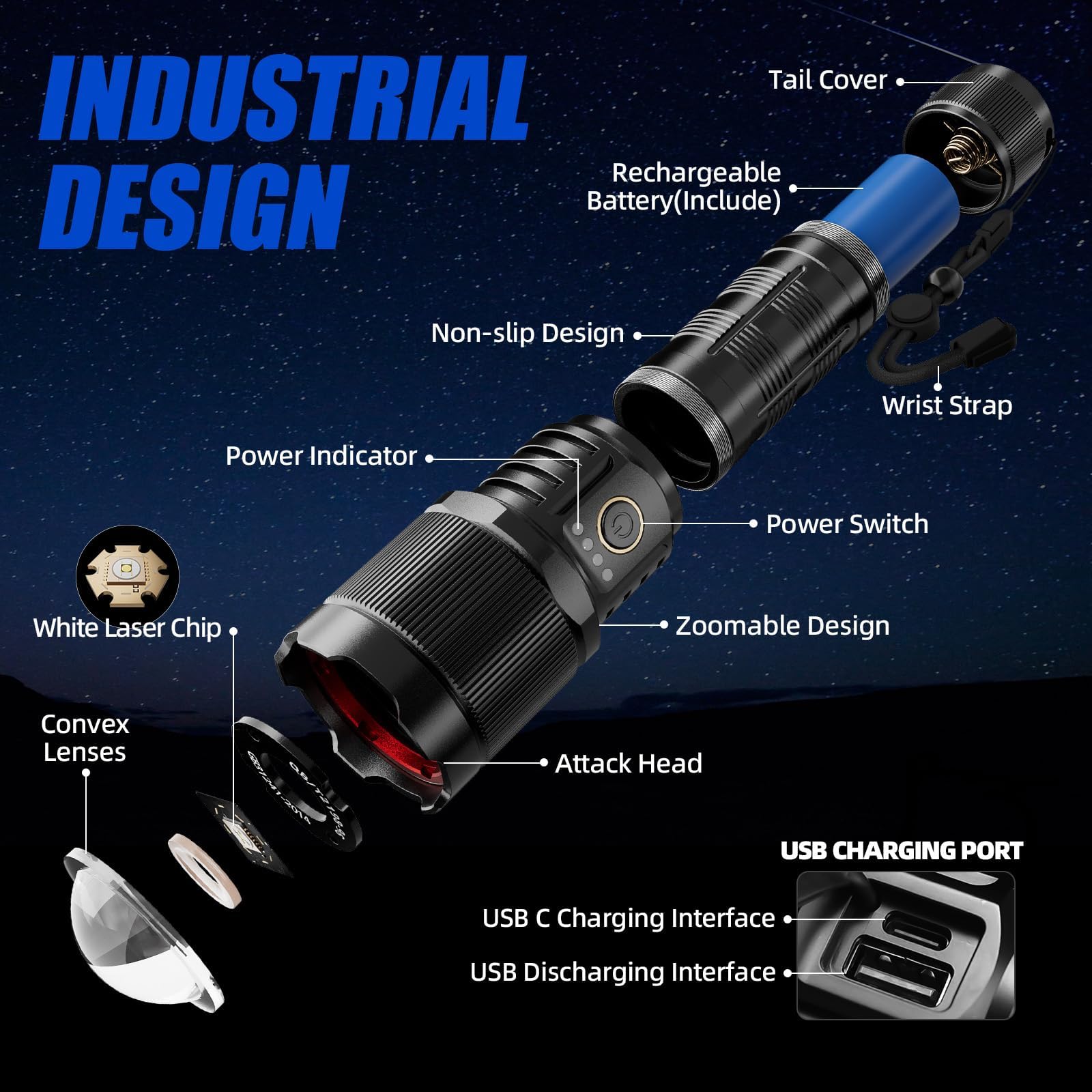 TEQDOT Rechargeable Tactical Flashlight - 990000 Lumens, Zoomable, IPX6 Waterproof, 3 Modes - View #10