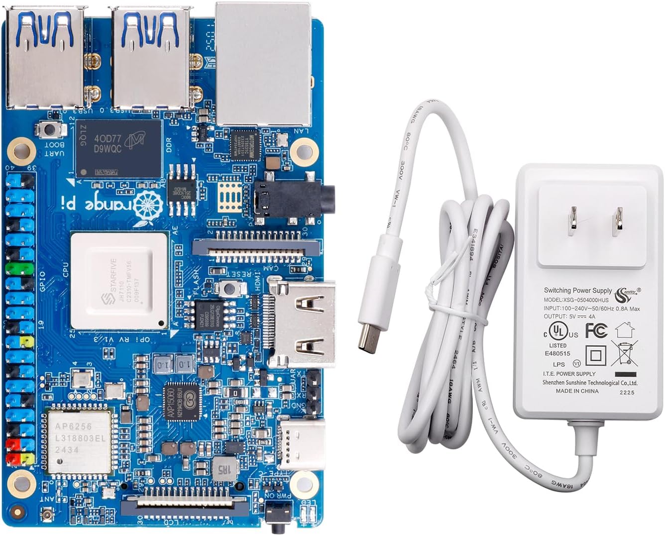 Orange Pi RV 2GB/4GB/8GB LPDDR4 RISC-V Single Board Computer with StarFive JH7100 4-Core 64-Bit Processor, Wi-Fi 5.0/Bluetooth 5.0, Development Board Run Linux/Debian(8GB+Power Supply)