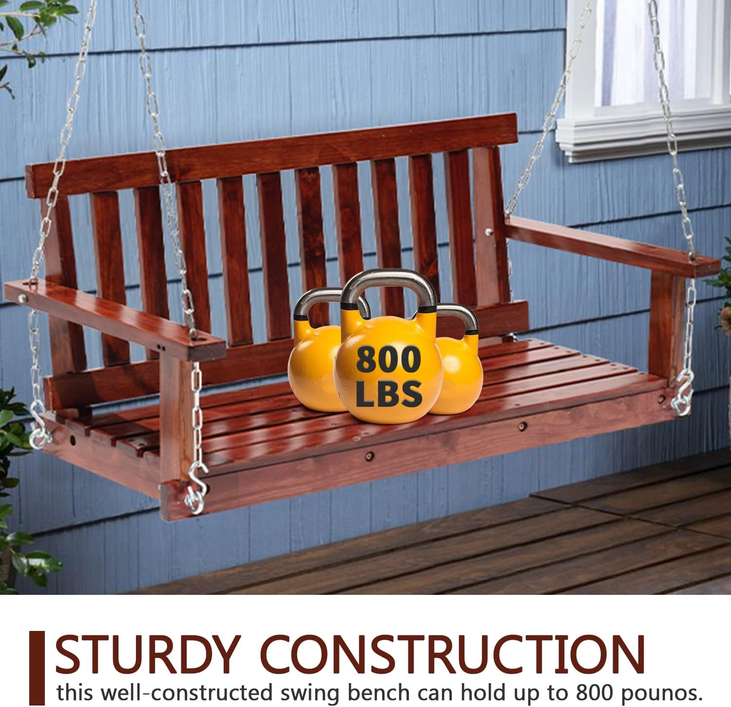 PayLessHere 4FT Wooden Porch Swing Heavy Duty Outdoor Swing Bench for Adults, 800lb Weight Capacity with Hanging Chains & Fixing Screws for Patio, Garden, Backyard, Balcony Furniture(Brown)