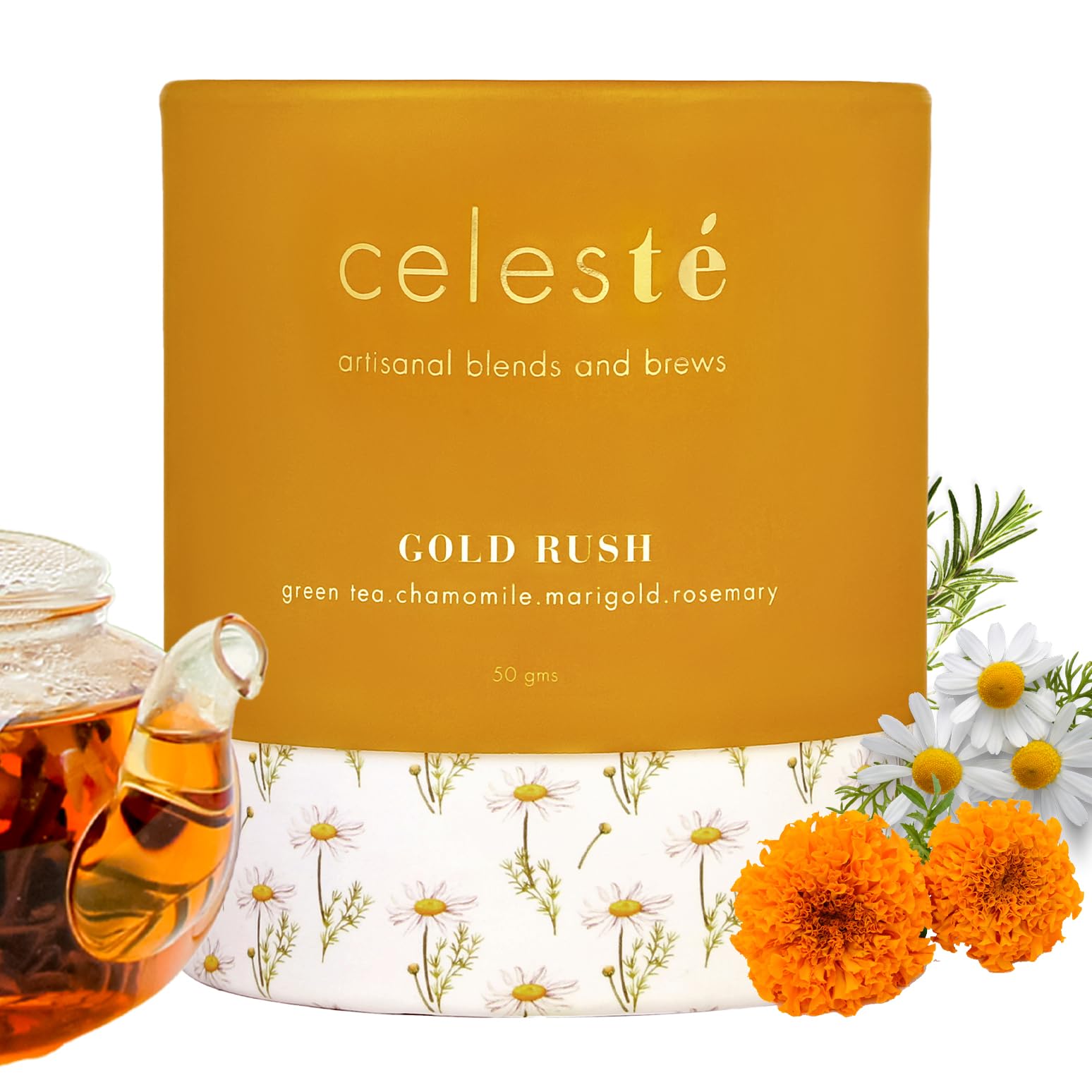 Celeste Green Tea GOLD RUSH – Premium Whole Leaf, 100% Natural Ingredients – Chamomile, Marigold, Rosemary and Green Tea, 50gm - 20 Cups (B08G8Q6M89) Amazon Price History, Amazon Price Tracker