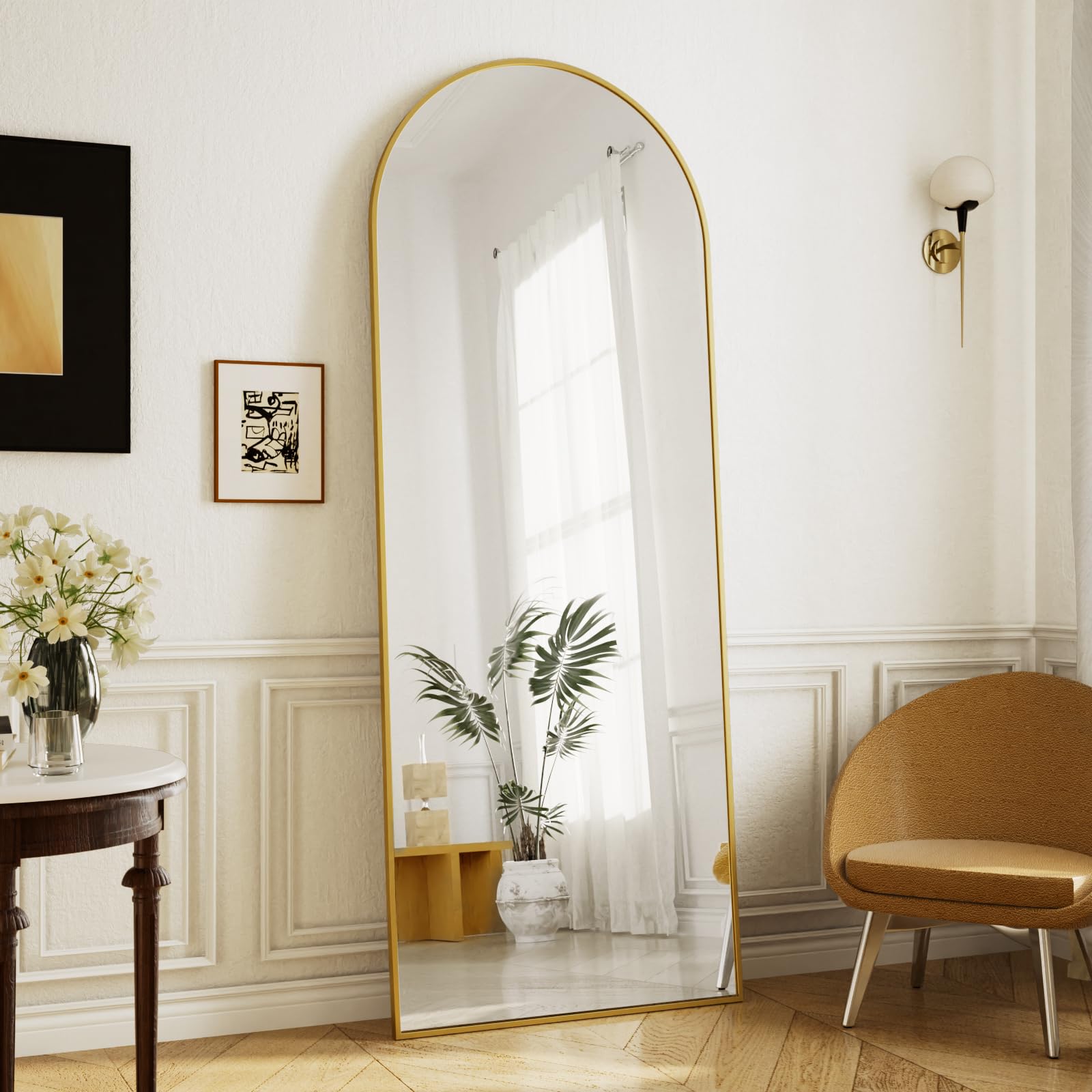 VETROVUE 71 x 26 inch Arched Full Length Mirror - Full Body Floor Mirror, ShatterVue Tempered Glass, Standing, Leaning, Wall Mounted for Living Room, Bedroom, Gold