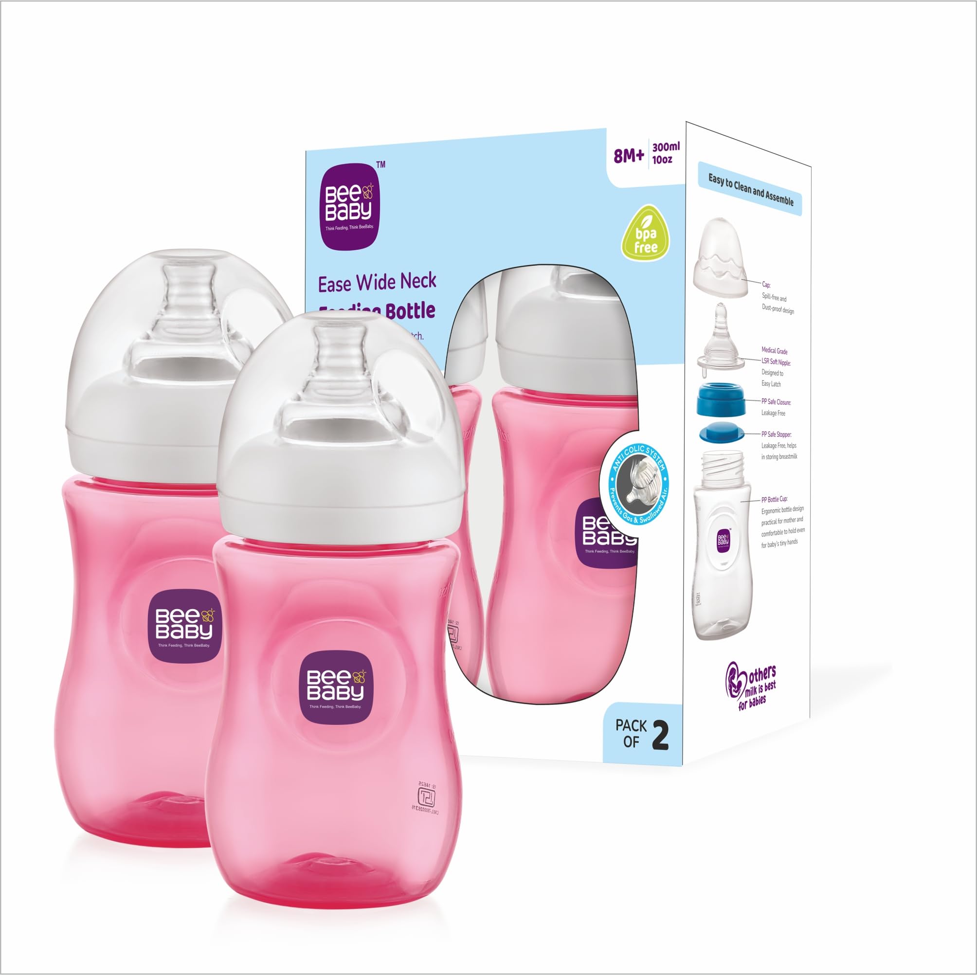 BeeBaby Ease Wide Neck Baby Feeding Bottle with Fast Flow Anti-Colic Soft Silicone Nipple. for Infants, Newborn, Babies. - 300 ML | 100% BPA Free. (Pink) (Pack of 2) 8 Months +-image-46