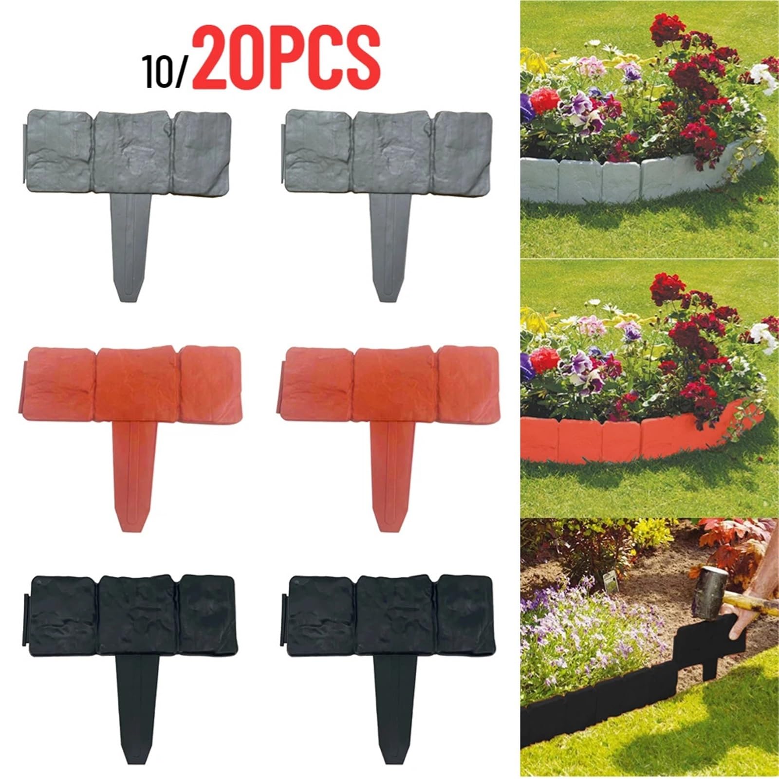 Bordura de Jardín de Plástico Garden Edging Border Stone Fence Lawn for Landscape Yard Plant Flower Bed Plastic Fencing(10PCS Grey)