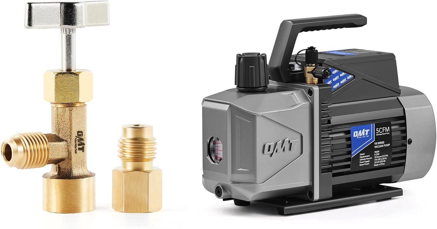 Orion Motor Tech R134a Can Tap with Tank Adapte & 2 Stage A2L Vacuum Pump, Bundle