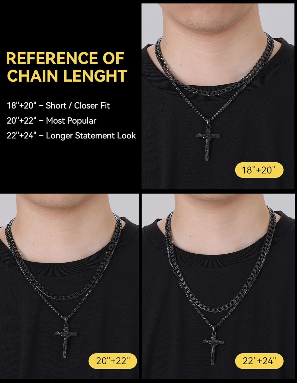 ChainsHouse Layered Cross Necklace for Men, Stainless Steel/Black/Gold Plated Cuban/Barbed Wire Necklace with Cross/Crucifix Pendant Religious Jewelry Gift Set for Dad, Husband - Image 6