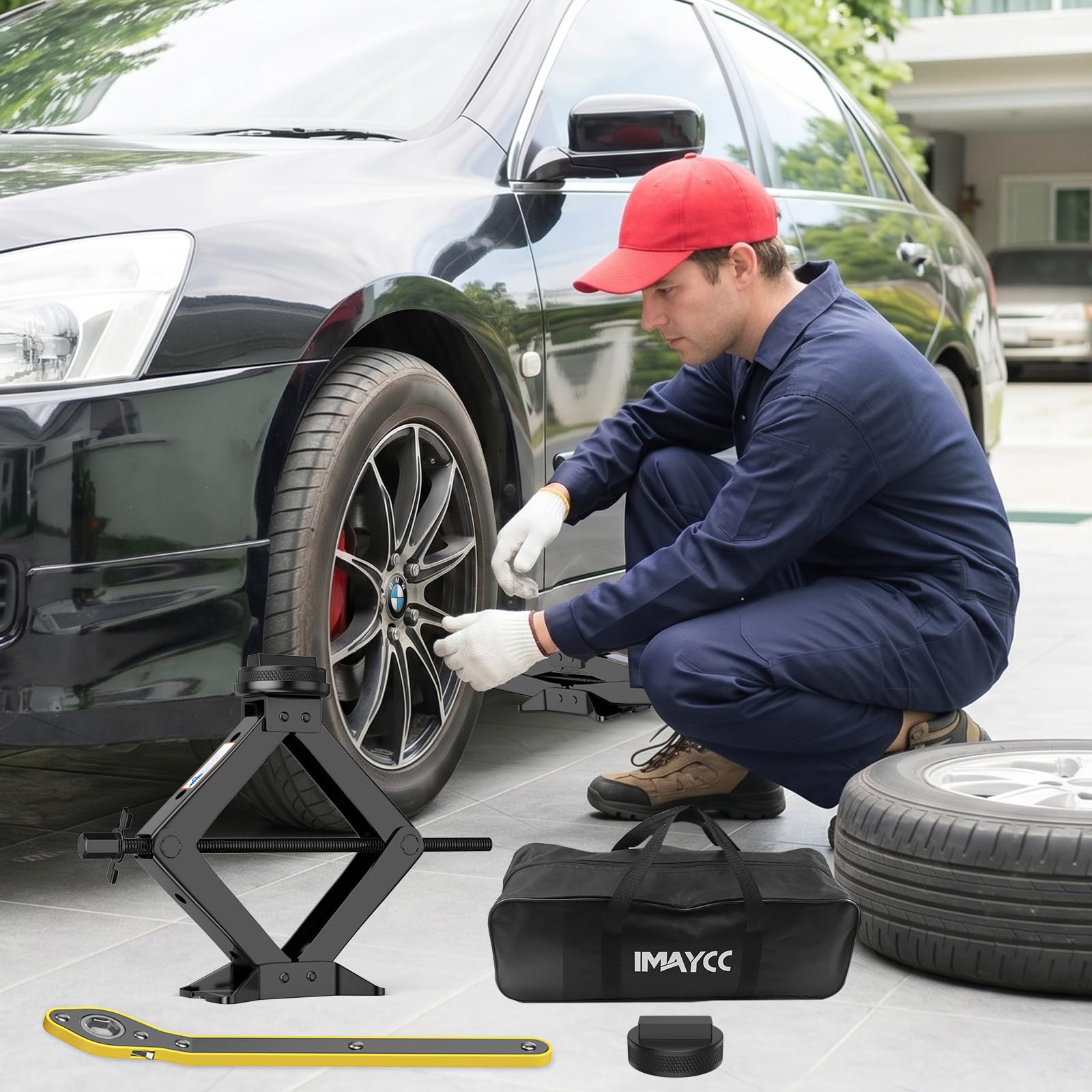 Cric 3T per BMW, cric in acciaio rinforzato con cricchetto e cuscinetto in gomma antigraffio, protegge l'auto, cric portatile a forbice per auto, set di emergenza per BMW Serie