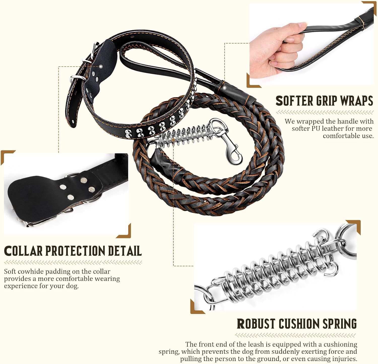 4FT Leather Dog Leash and Collar Set for Dog,Full Grain Leather Collar and Strong Hand-Woven Braided Leash,Sturdy Dog Training Leash for Walking,for Medium Heavy Duty and Large Dog, Brown