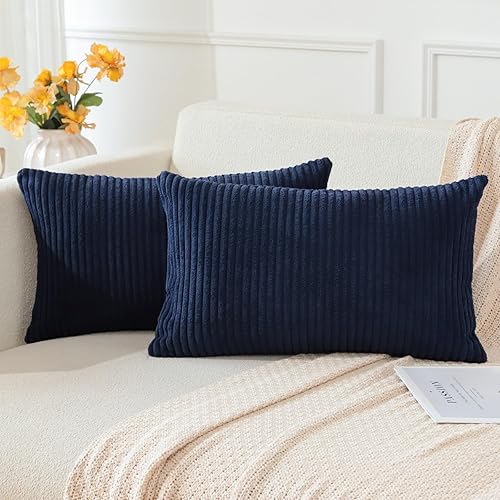 Miniatura 3 de OTOSTAR Juego de 2 fundas de almohada decorativas bohemias de 16 x 24 pulgadas, de pana suave, a rayas lisas, fundas de almohada lumbares para sofá,