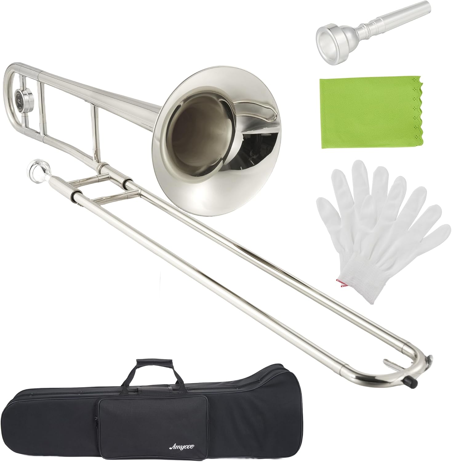 B Flat Alto Trombone for Beginners & Students, Nickel-Plated Brass Instrument with Mouthpiece, Case, Cleaning Cloth, Gloves and Cleaning Rod, Nickel Plated - Image 1 of 6