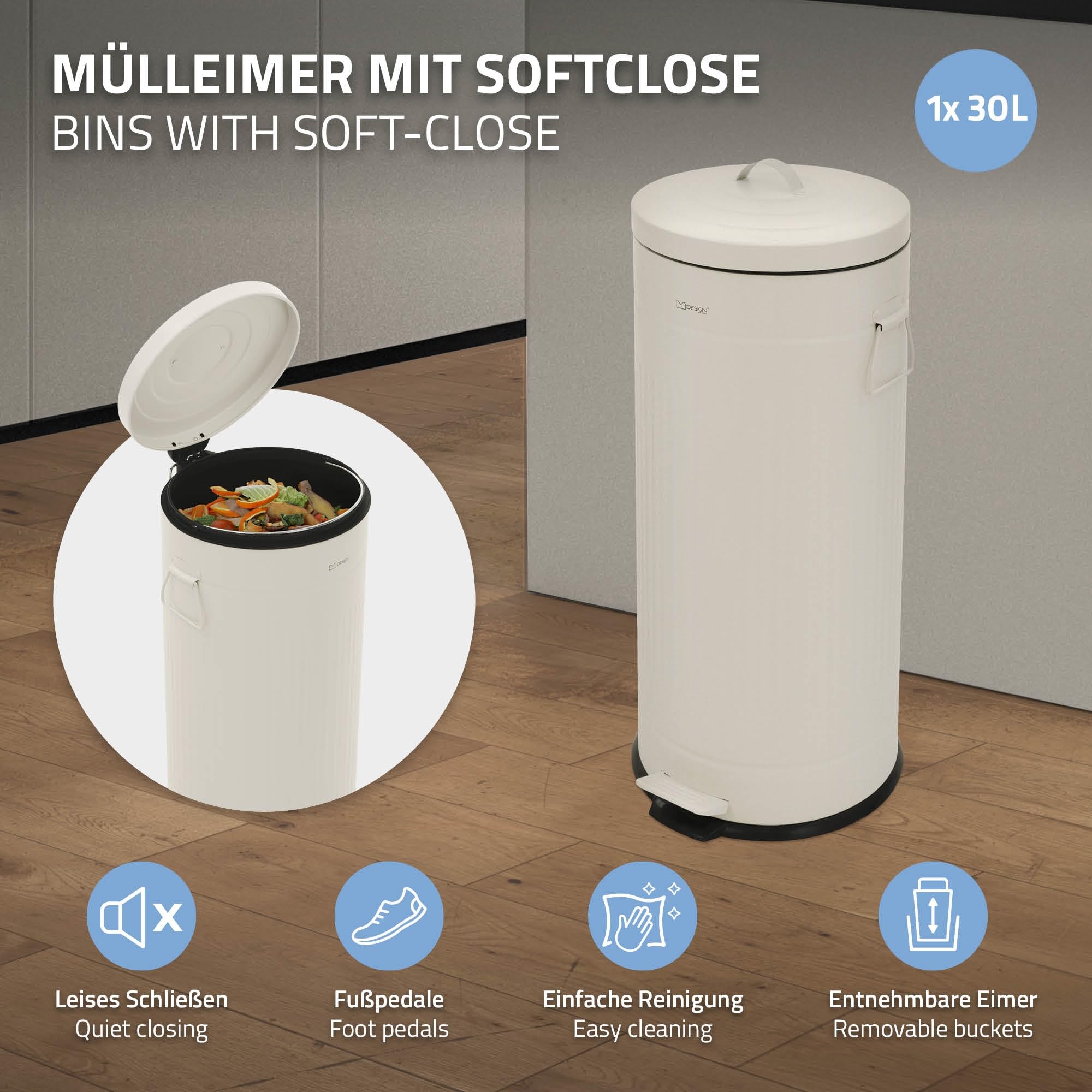 ML-Design Poubelle de Cuisine 30L à Pédale Fermeture Douce et Seau Amovible