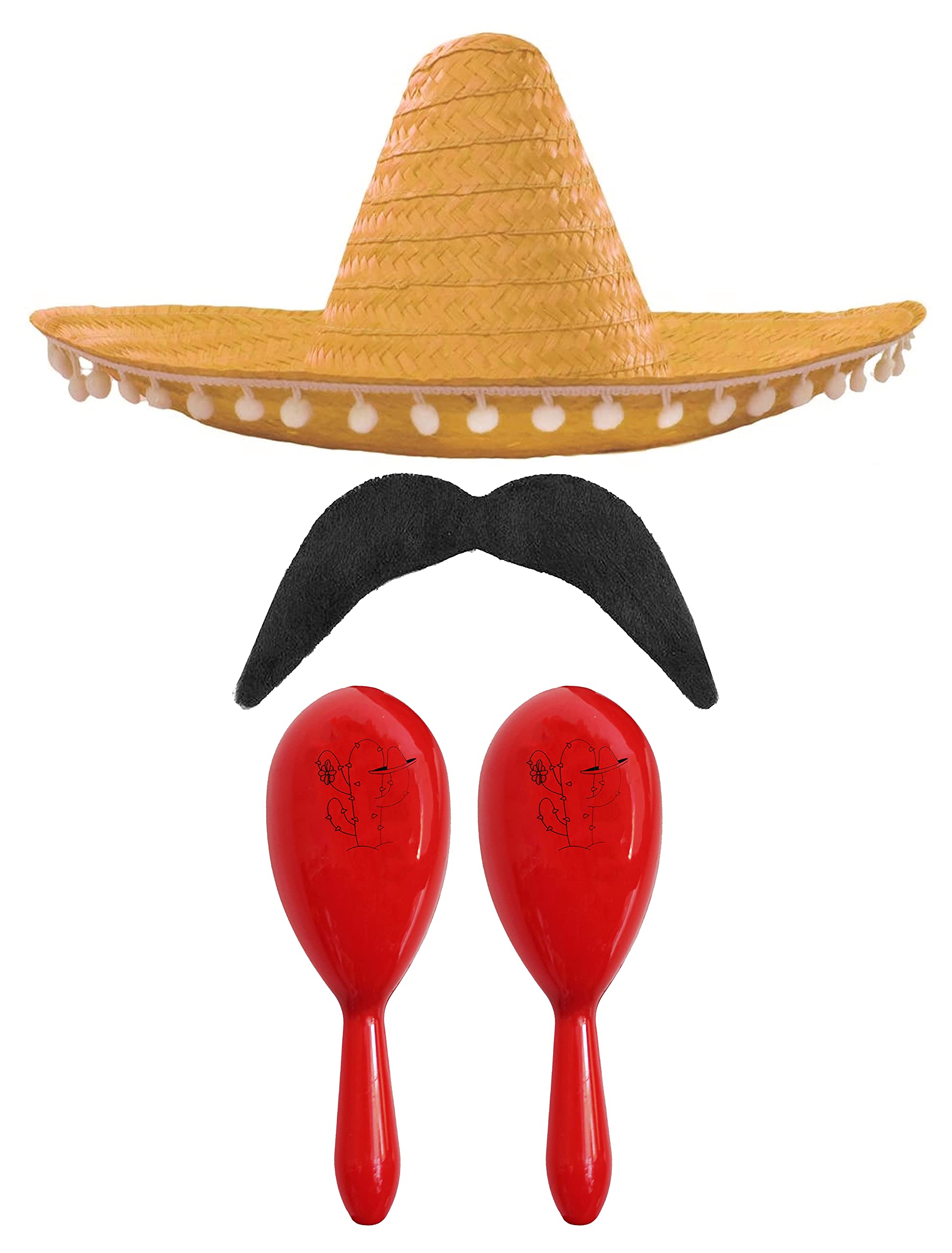 Adults Mexican Accessory Set - Natural Mexican Sombrero, Red Maracas, Moustache - Mexican Cinco de Mayo Sensorita Bandit Mariachi Fancy Dress Costume Accessory Set