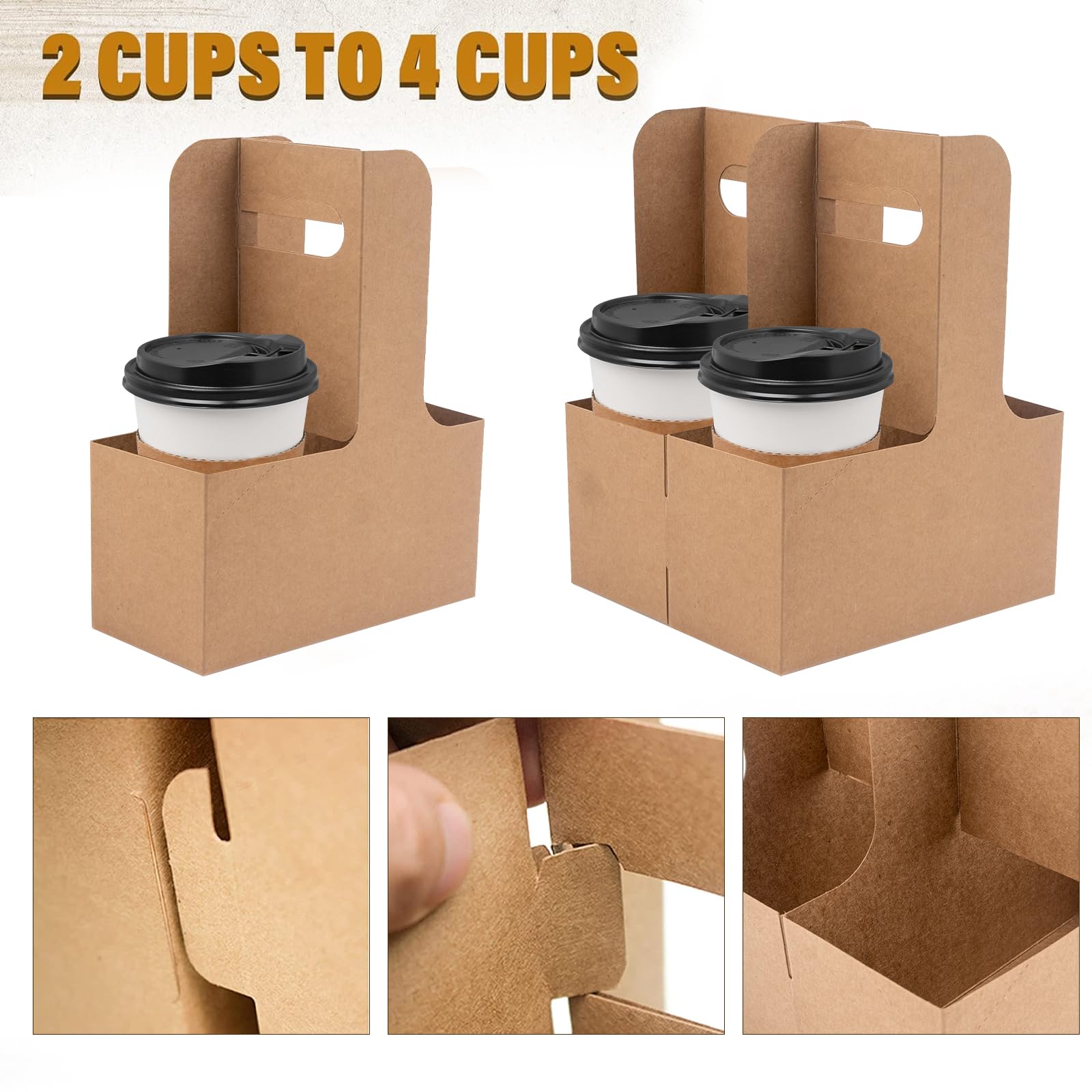 100 Stück Pappe Kaffee Getränkehalter, 2 Tassen Craft Getränketräger mit Griff Faltbarer Getränketräger aus Kraftkarton für Lieferdienste, Bar, Restaurant, Café & Take Away (Braun)