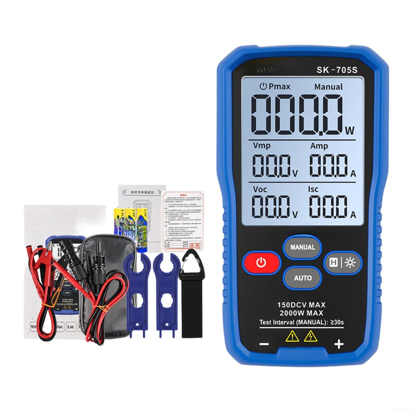 SK-705S, tester di potenza fotovoltaica con tecnologia MPPT per pannello solare, capacità massima 2000W, display LCD da 3,2 pollici, gamma automatica/manuale, design portatile (SK-705)