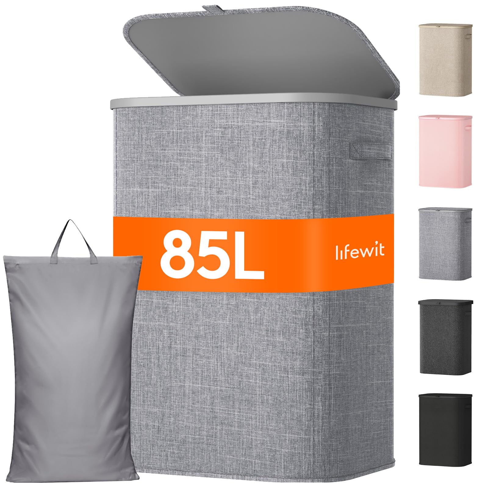 Lifewit 85L Laundry Basket with Lid, Large Laundry Hamper with Plastic Handles and Removable Bag, Foldable Tall Dirty Clothes Hampers for Laundry for Laundry Room, Bedroom, Bathroom, Dorm, Beige — view 35