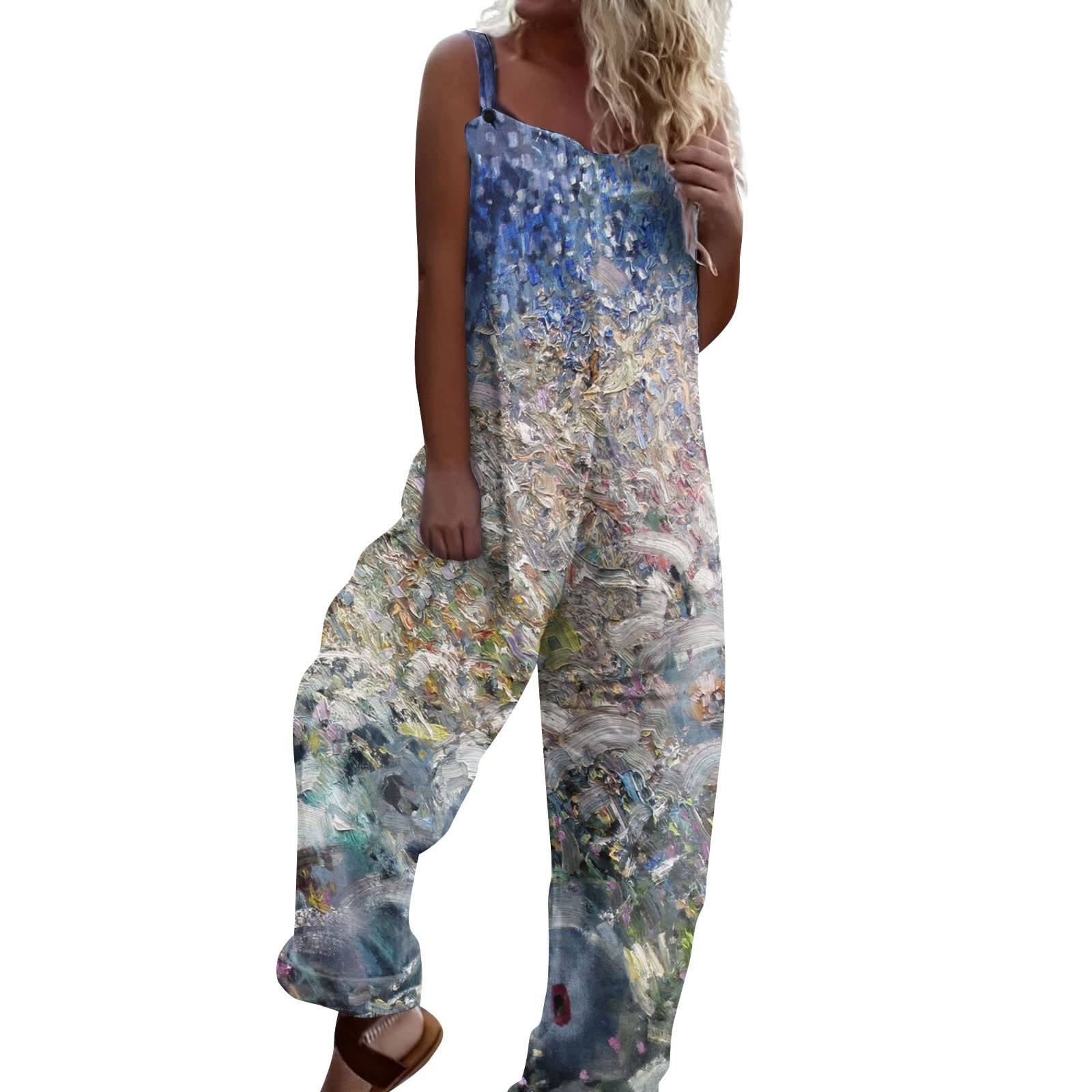 Women's Linen Print Long Rompers Summer Sleeveless Casual Strappy Jumpsuit Loose Wide Leg Lounge Overalls