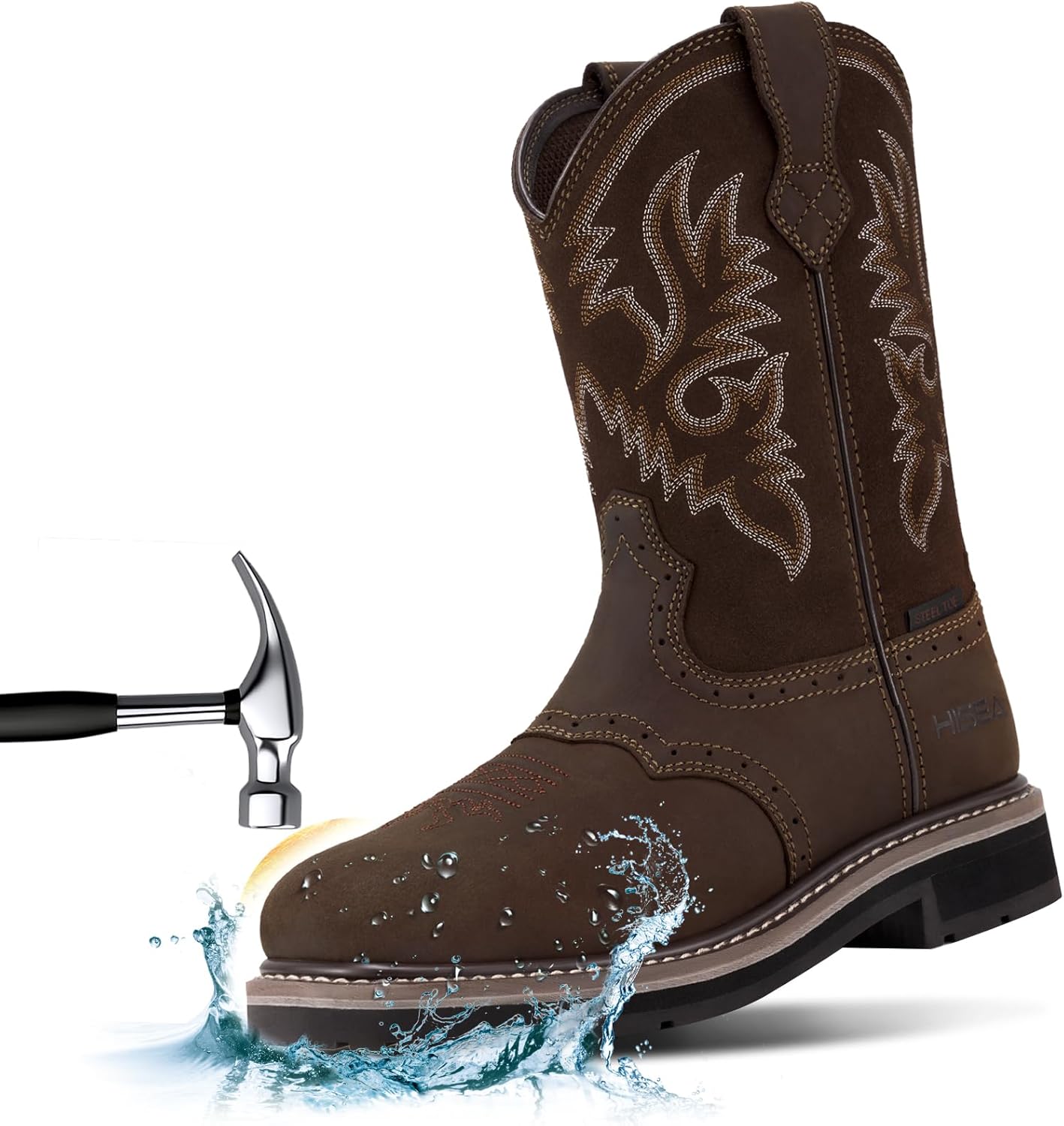 HISEA NINGO Men's Western Cowboy Boots Waterproof Square Toe Steel/Soft Toe Work Boots Men's Safety Toe Leather Work Boots Size 9 Dark Brown