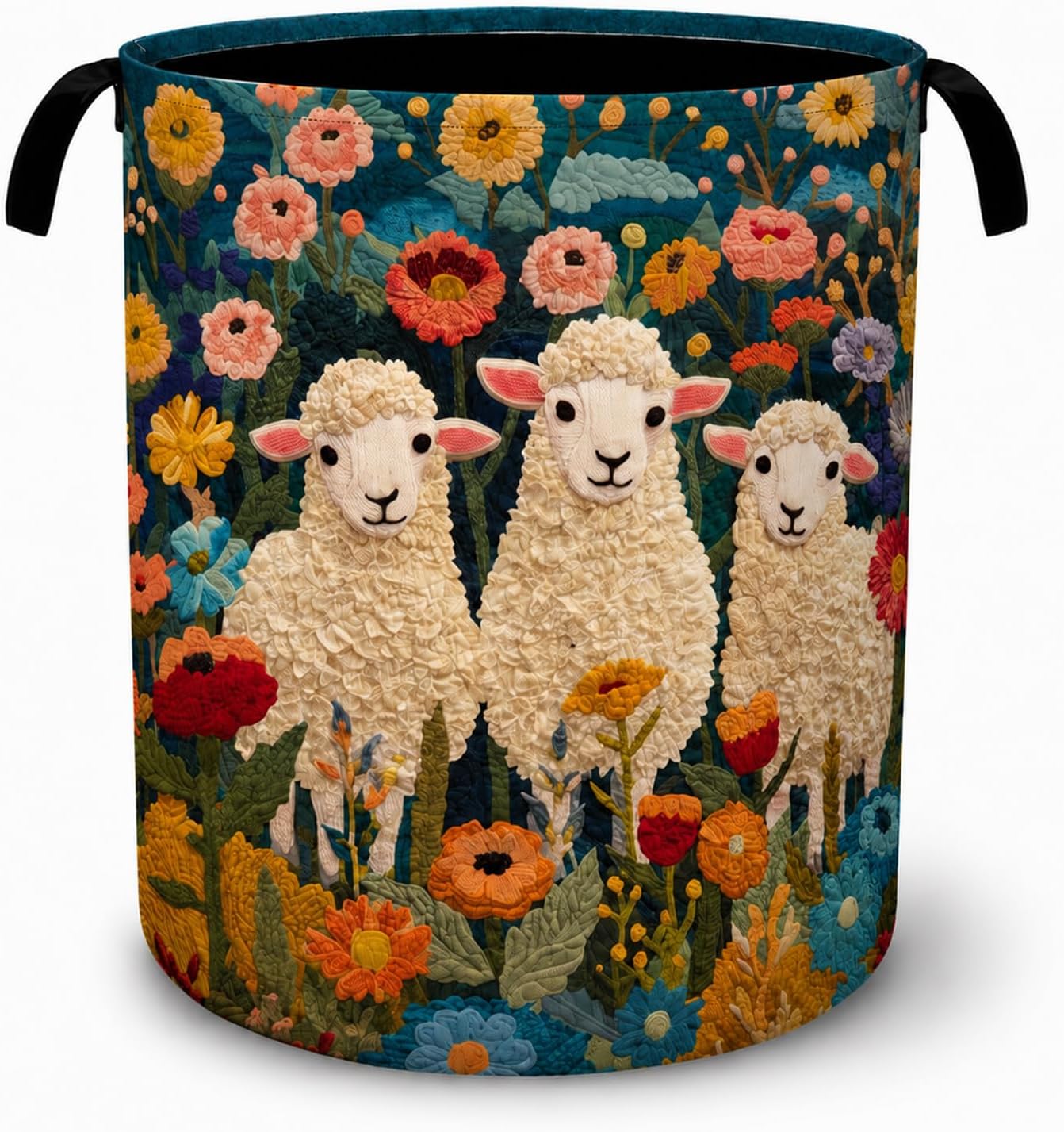 Cute Sheep Floral Laundry Basket Laundry Hamper Foldable Oxford Cloth Colorful Tote Bag Clothes Toy Storage Bucket 16"x20" For Bathroom/Laundry Storage/Bedroom