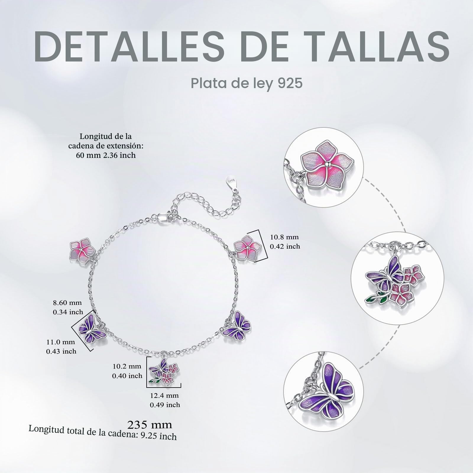 LONAGO Pulsera de Mariposa Plata de Ley 925 Mariposa Morada con Flor Pulsera para Regalo