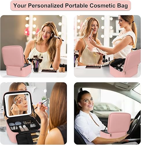 Miniatura 8 de Relavel Bolsa de maquillaje de viaje con espejo LED, bolsa organizadora de cosméticos, estuche de maquillaje con espejo iluminado, 3 luces de color,