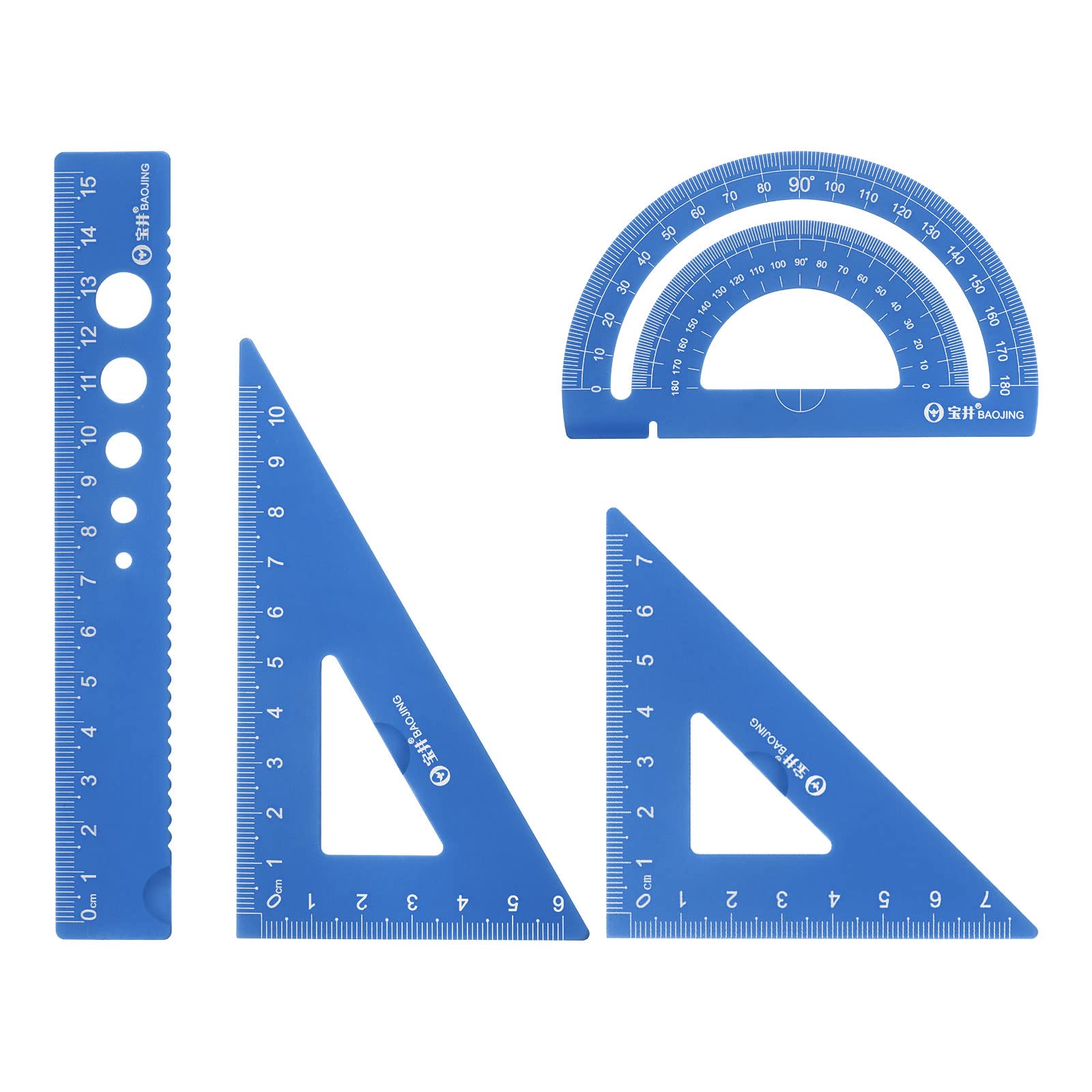 sourcing map 2 Sets 8pcs Geometry Tool Set Math Ruler 15cm Metric Measure Metal Aluminum Alloy Measuring Hollow Triangle Protractor Laser Engraving with Storage Box for Classroom Teacher, Blue