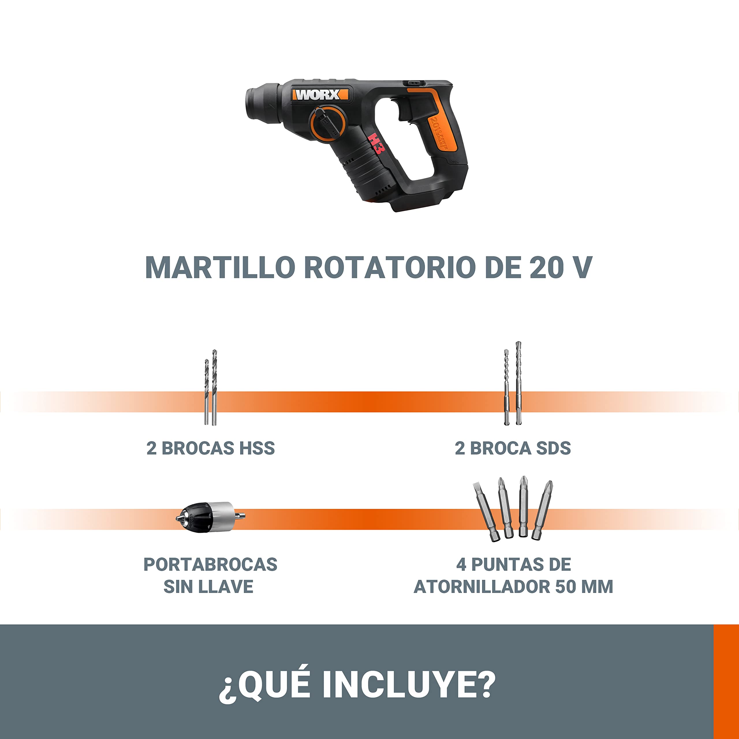 WORX WX394.91 - Martillo perforador inalámbrico de 20 V, 3 en 1, 1,5 J, 18 mm, portabrocas SDS plus, velocidad variable, sin batería ni cargador