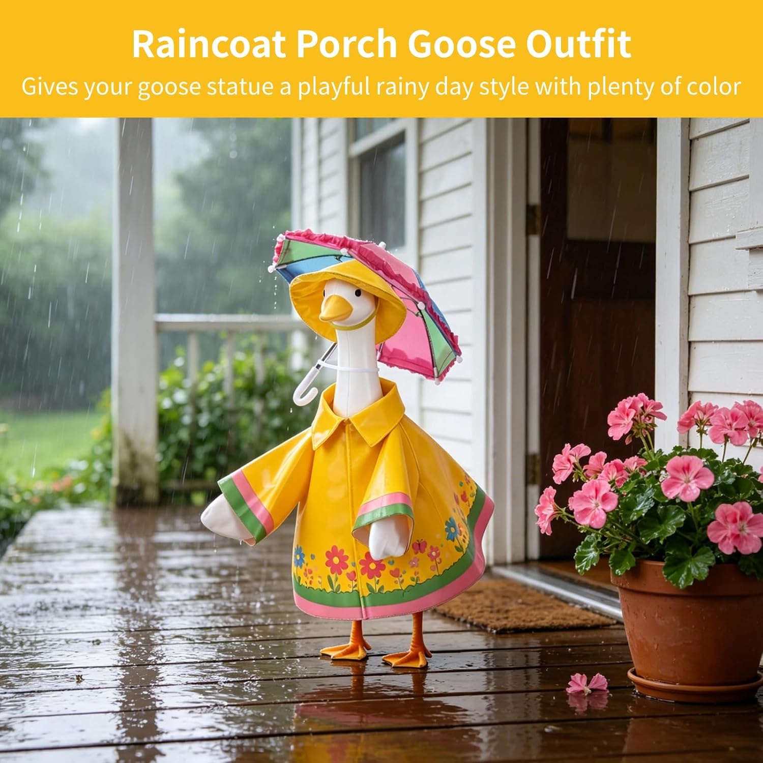 3 Pcs Raincoat Porch Goose Outfits, 23" Yellow Lawn Goose Statue Clothes Set, Raincoat Costume with Rainbow Umbrella and Hat, Outdoor Lawn Statue Decor for Garden, Patio, Porch Display