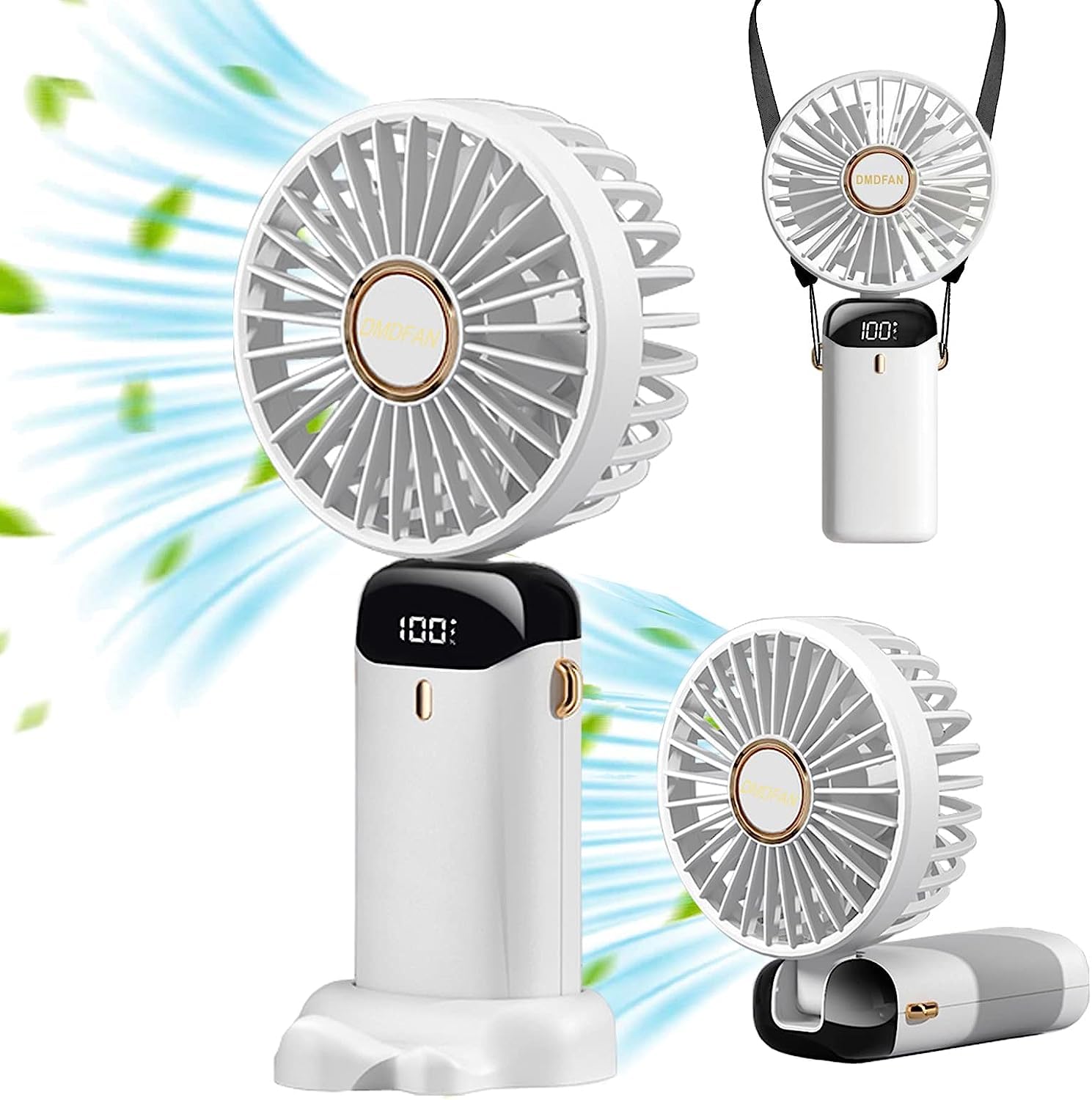 Nesitu 7-12 H Work Time Quiet Mini Handheld Fan with Cellphone Stand,Portable Personal Fan Hanging Neck Fan 90° Adjustable USB Rechargeable Small Desk Fan 5 Speed for Home Office Travel (white)