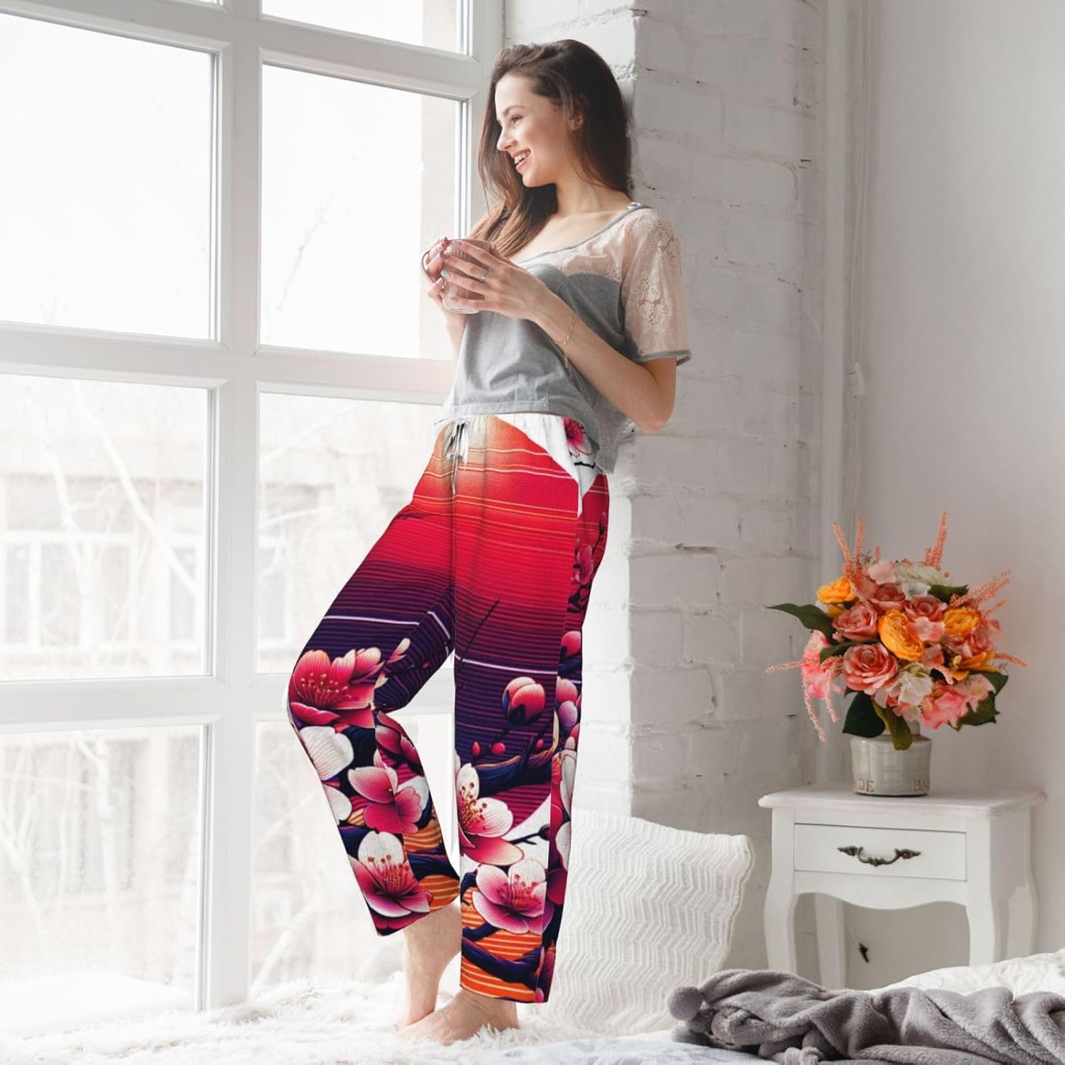 Women'S Japan-Cherry-Blossoms-Sun Fleece Pajama Pants, Cozy Flannel Lounge Bottoms For Women